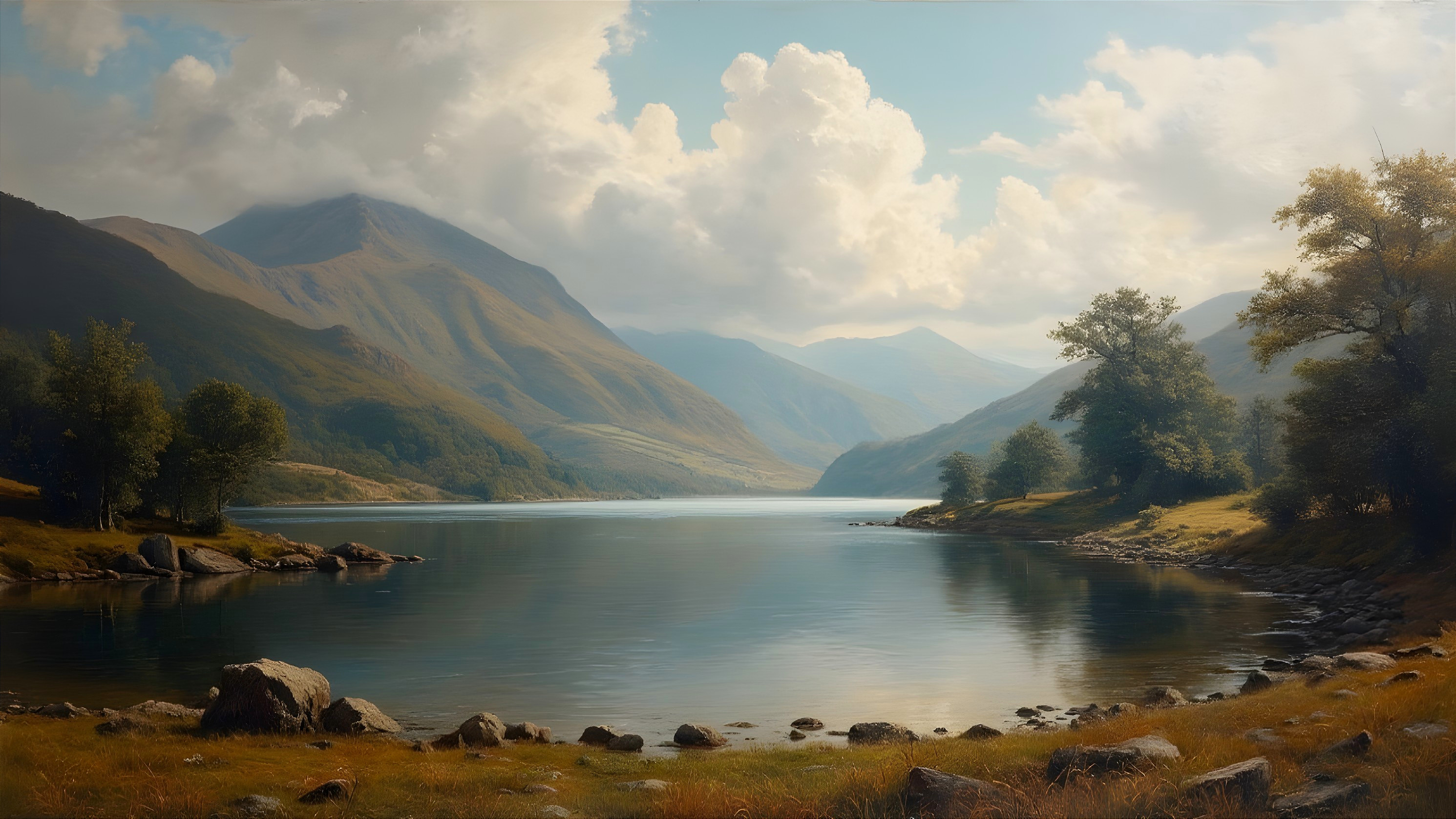 Serene Landscape with Calm Lake and Lush Hills