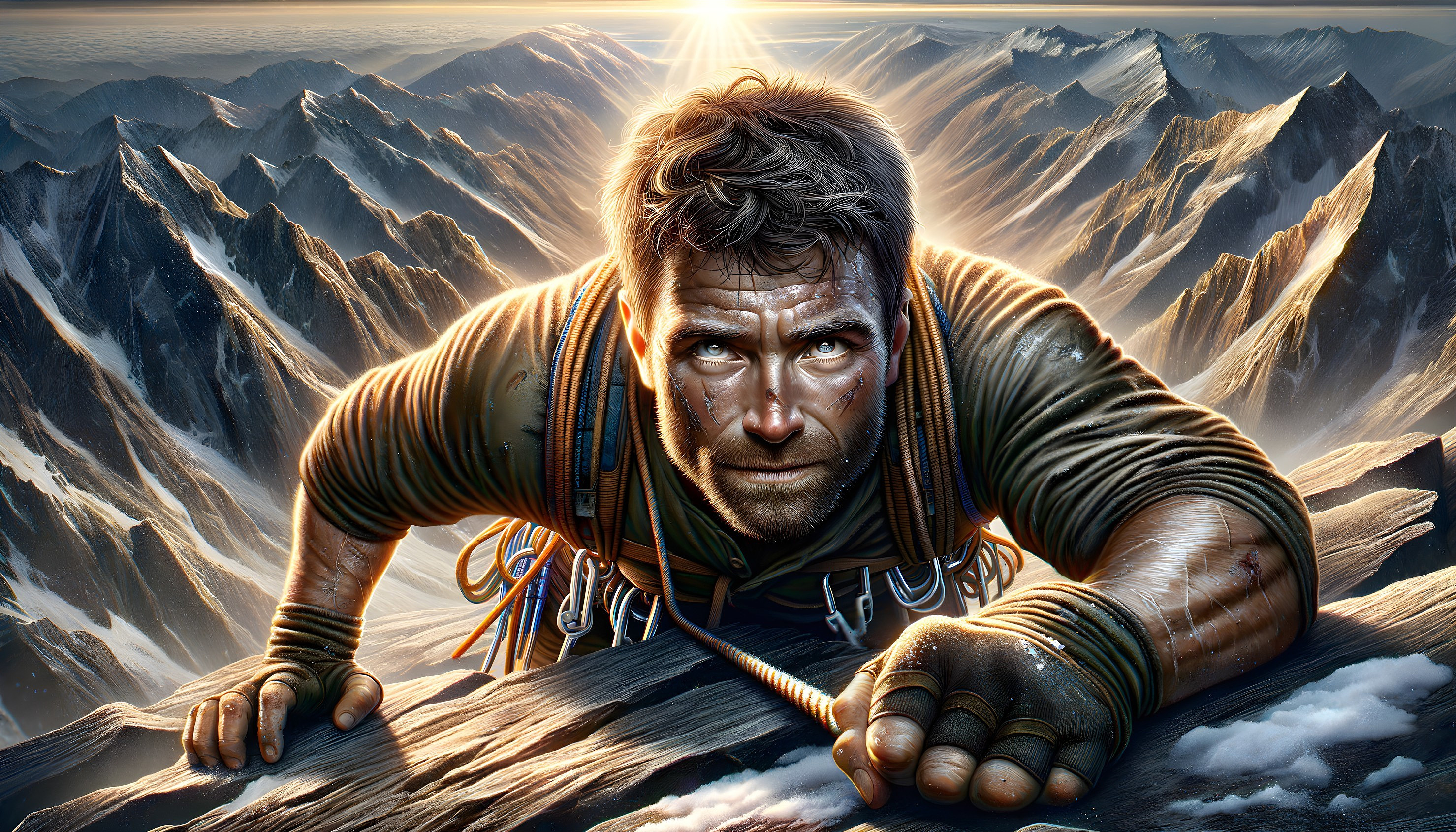 Climber Ascends Rugged Mountain Peak at Sunrise