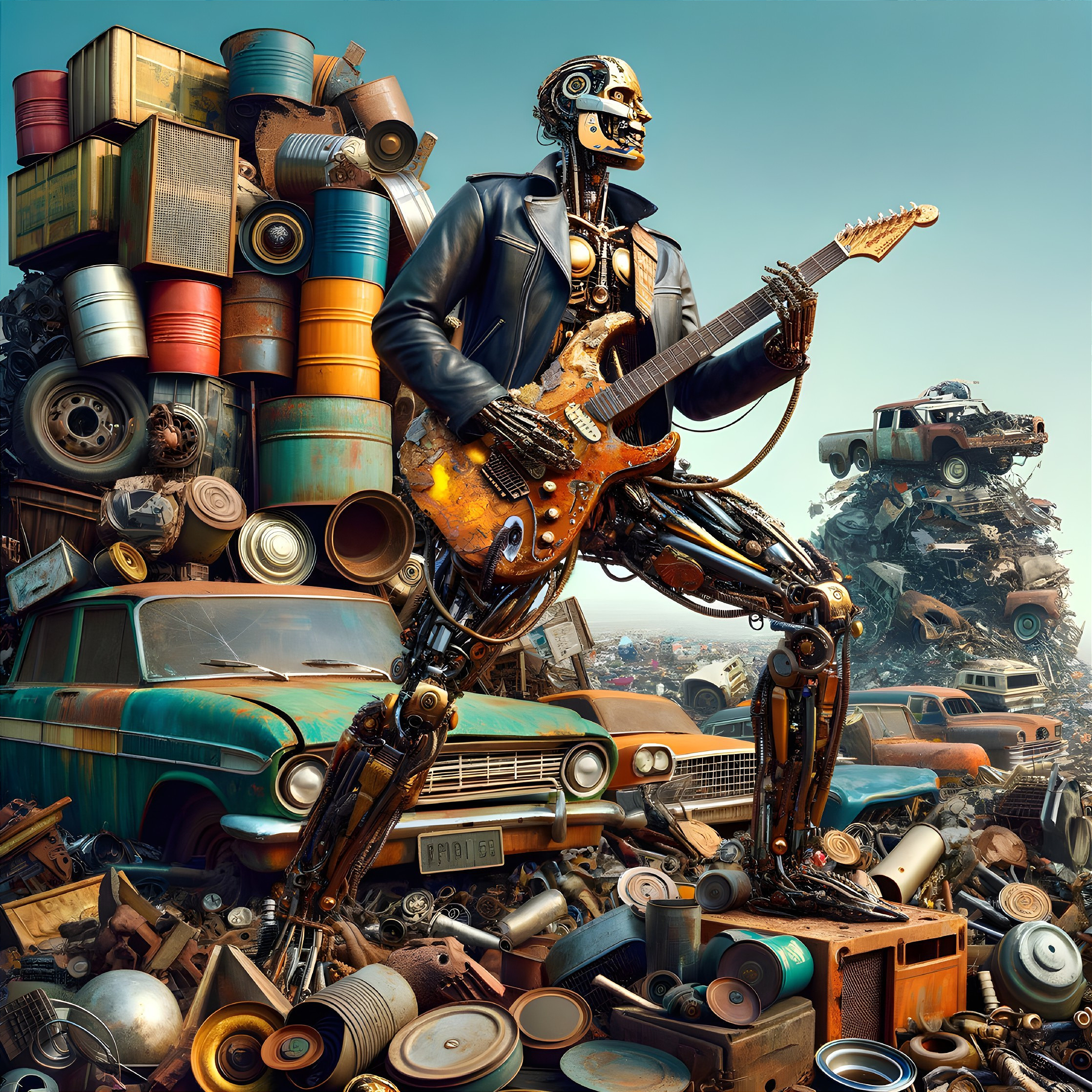 Humanoid Robot in Junkyard with Electric Guitar