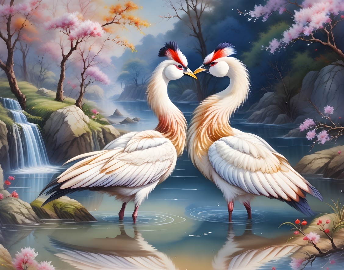 Cranes in Serene Pond Surrounded by Cherry Blossoms