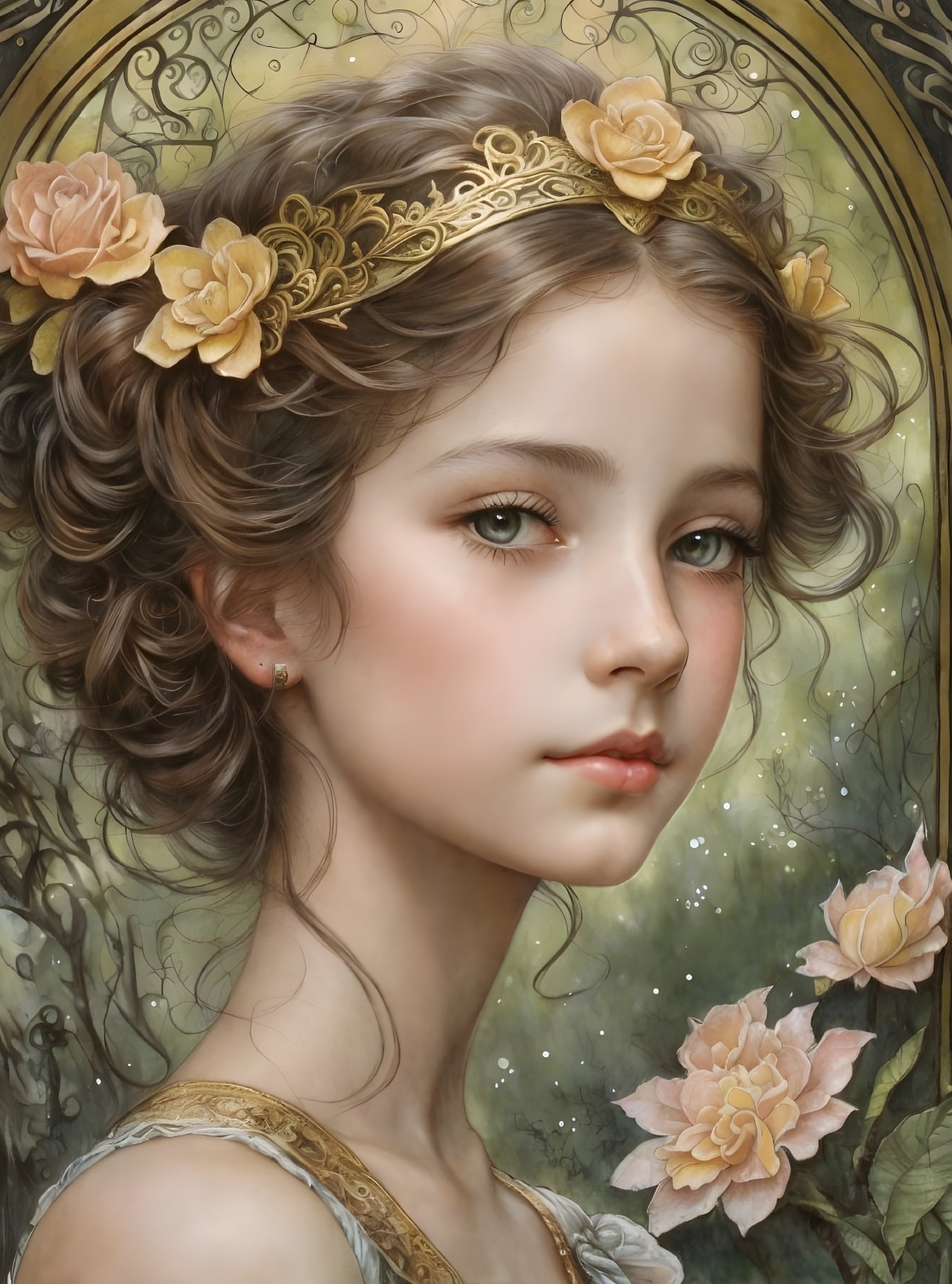 Young girl with curly hair and floral headband