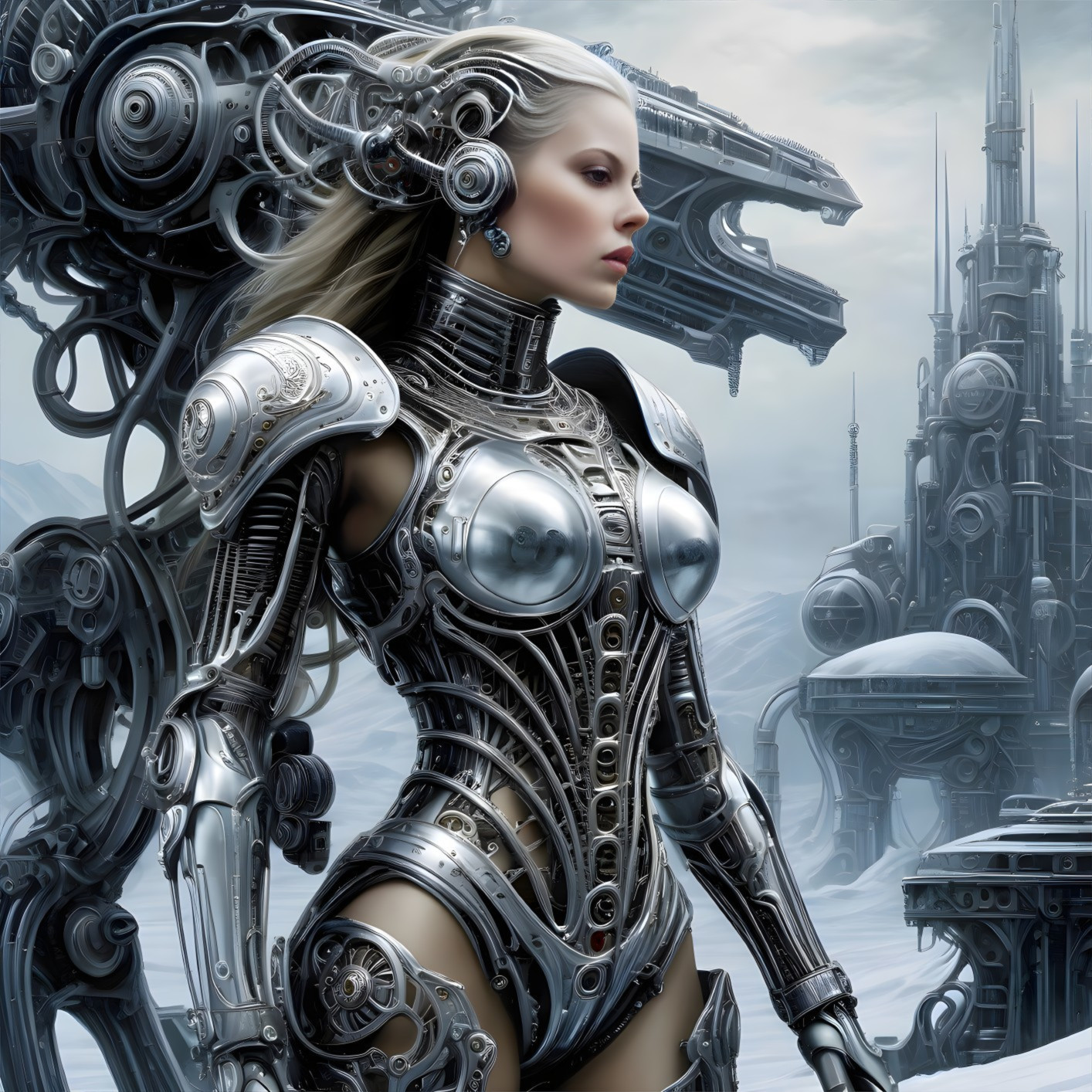 Futuristic Female Figure in Metallic Armor and Cityscape