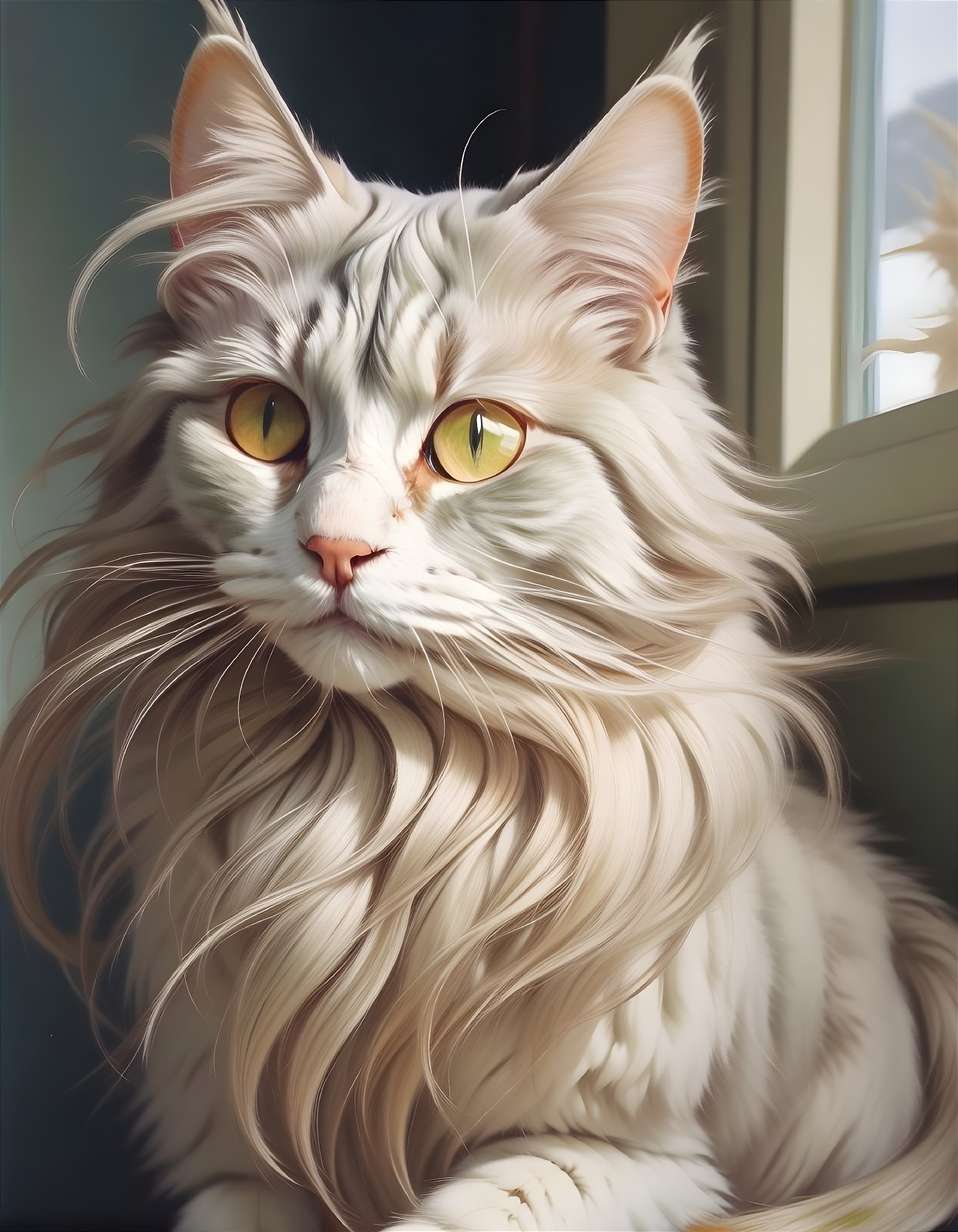 Majestic White Cat with Golden Eyes in Sunlit Window