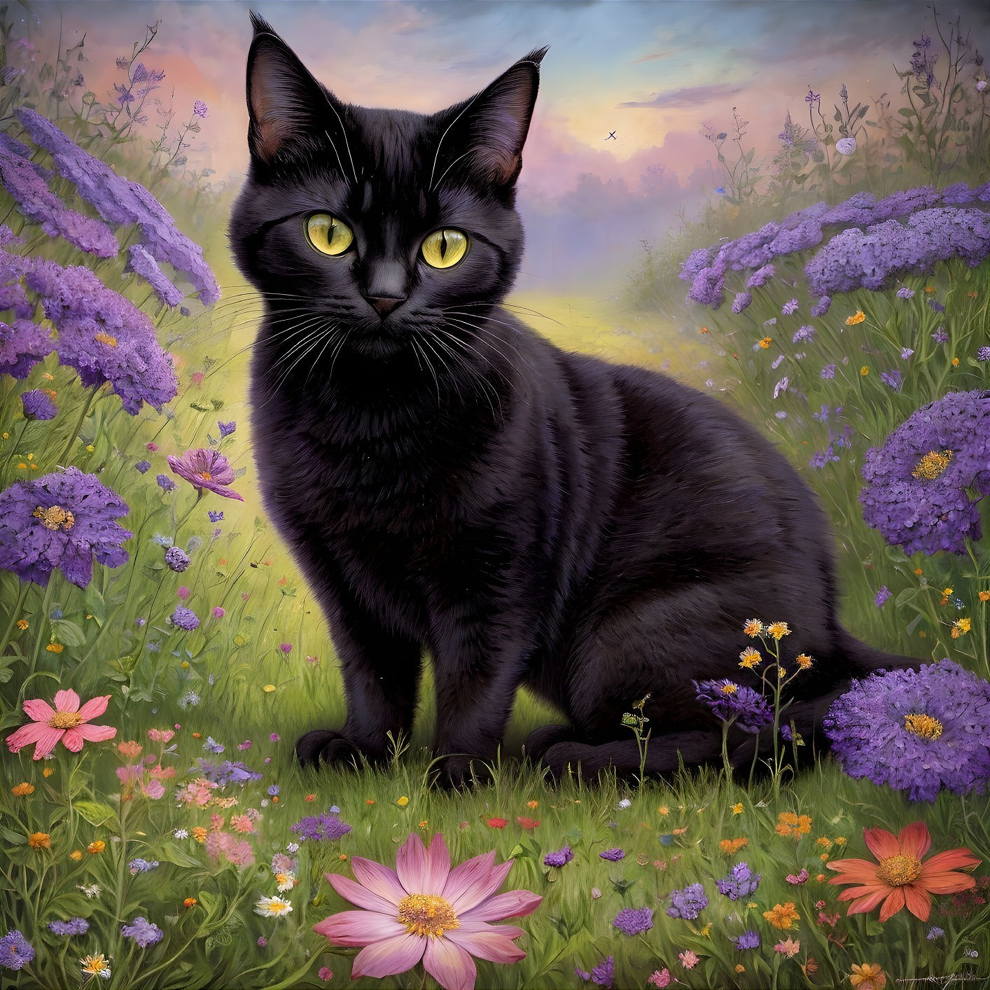 Black Cat in Colorful Wildflower Meadow Scene
