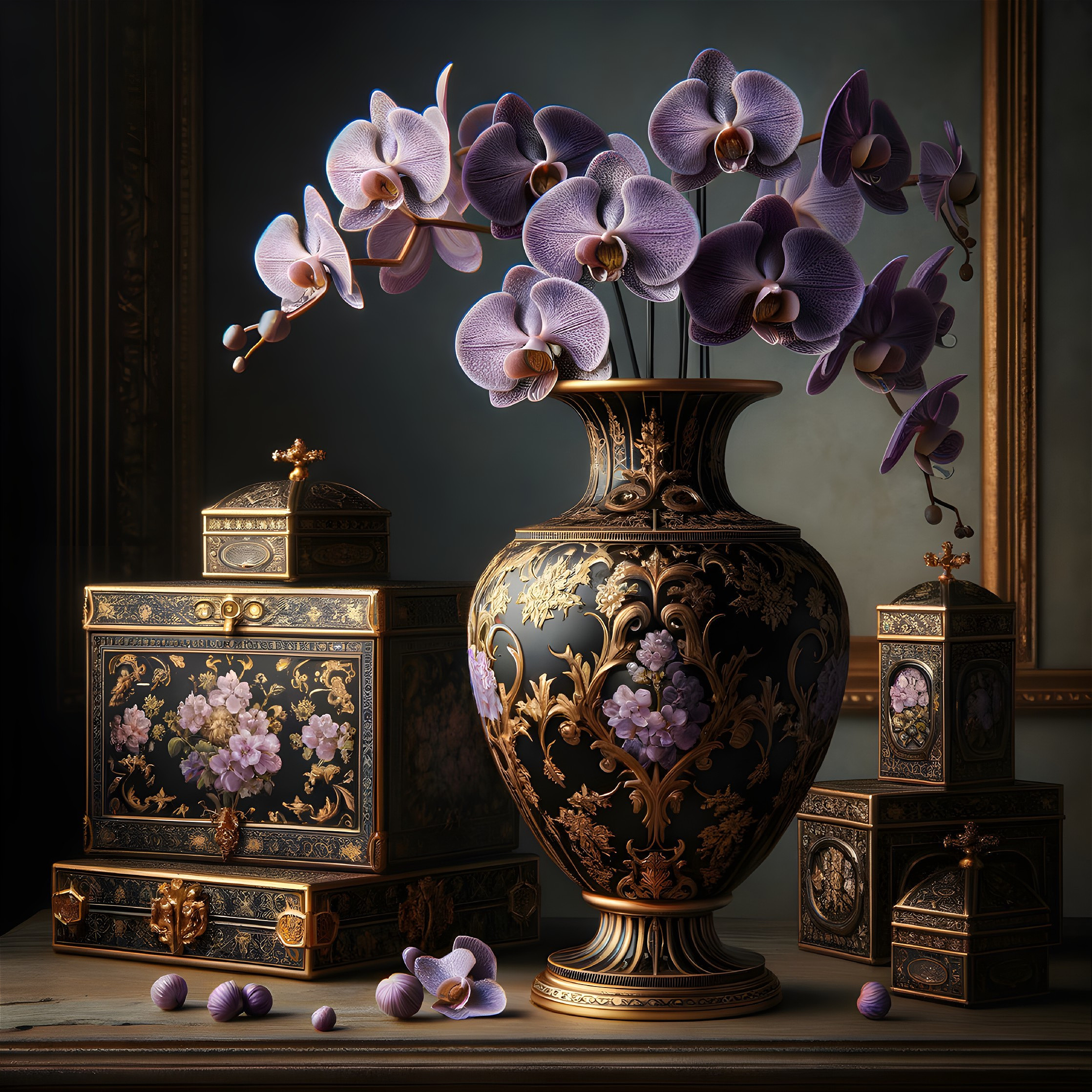 Ornate Black Vase with Purple Orchids and Decorative Boxes