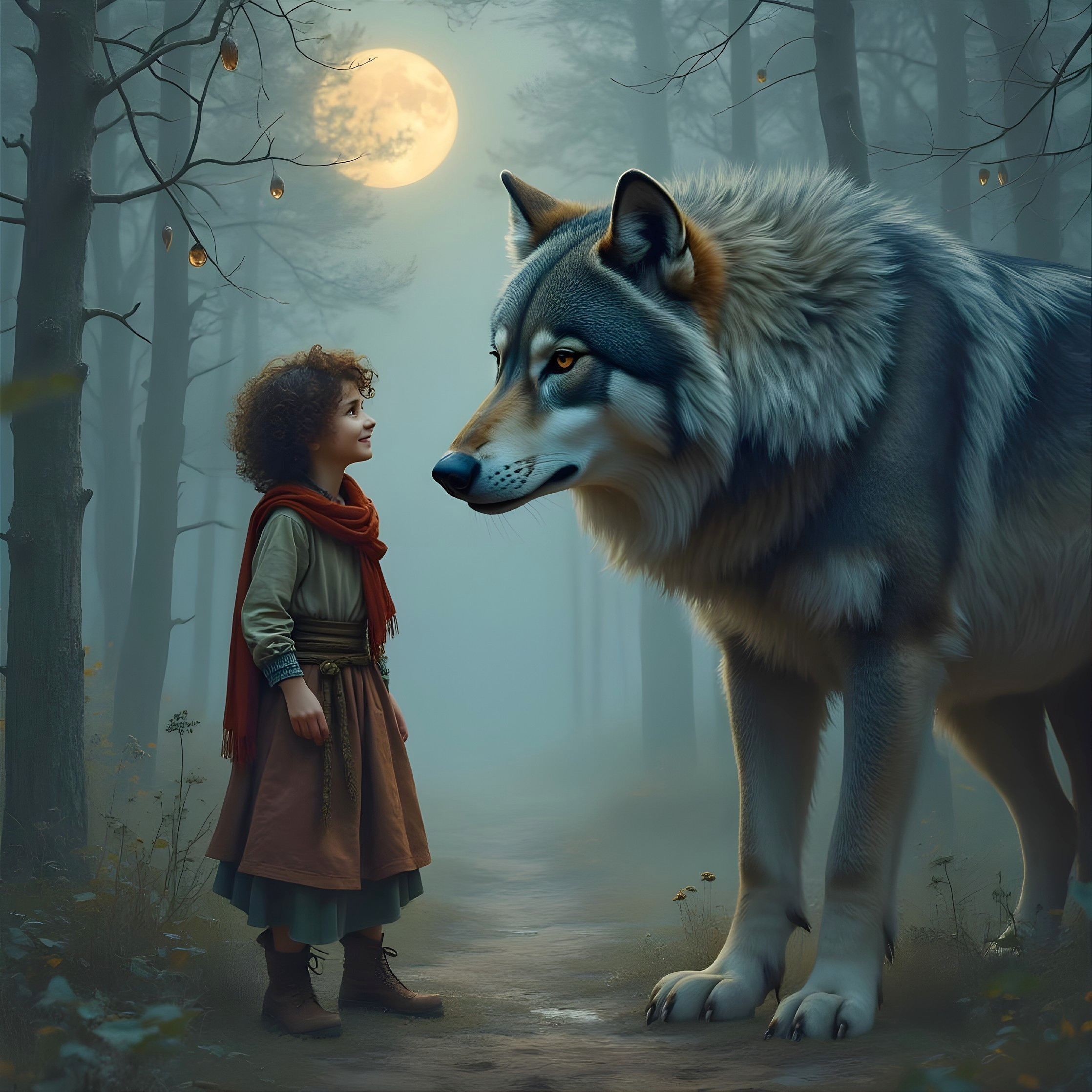 Young girl and wolf on a moonlit forest path