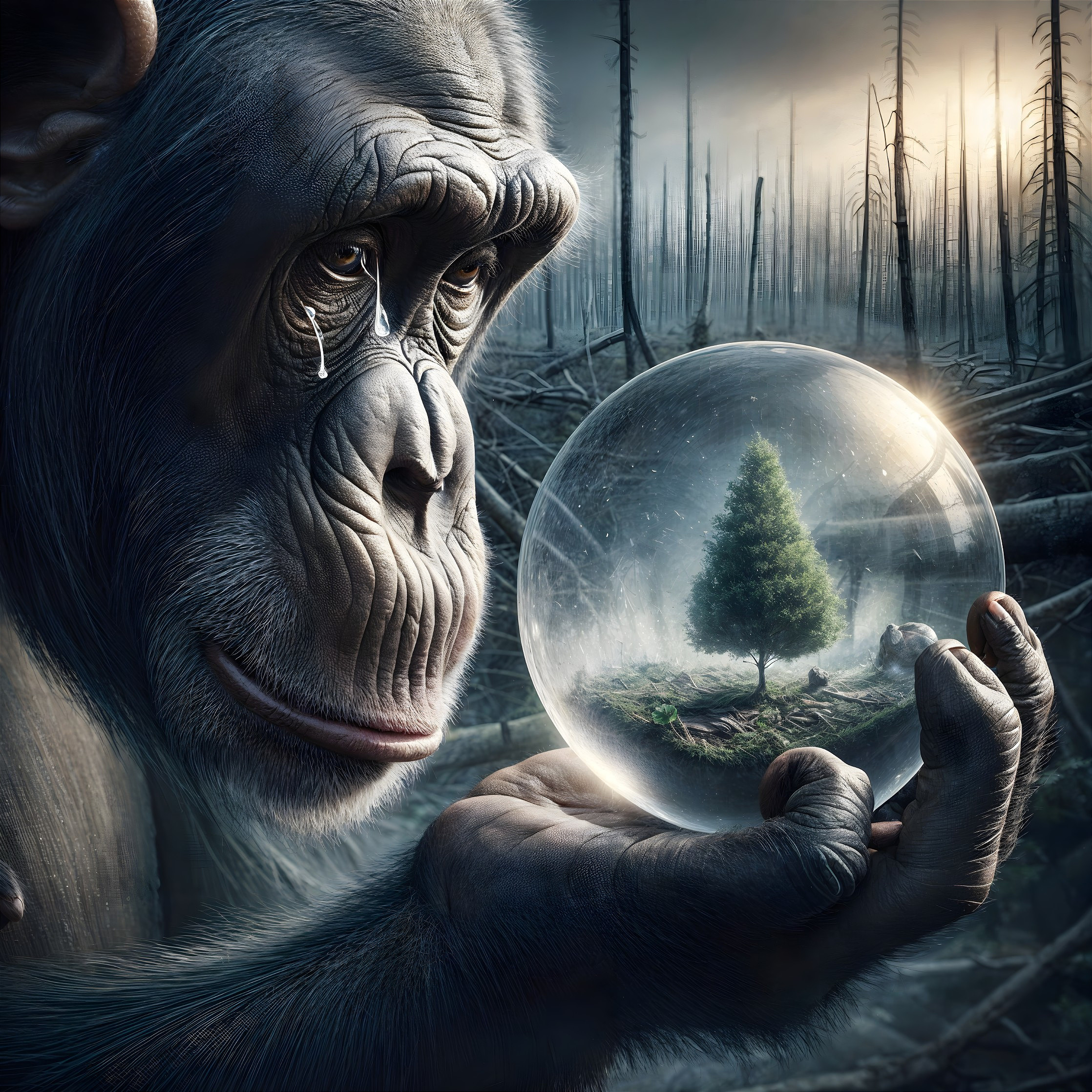 Chimpanzee gazes at crystal orb with green tree inside