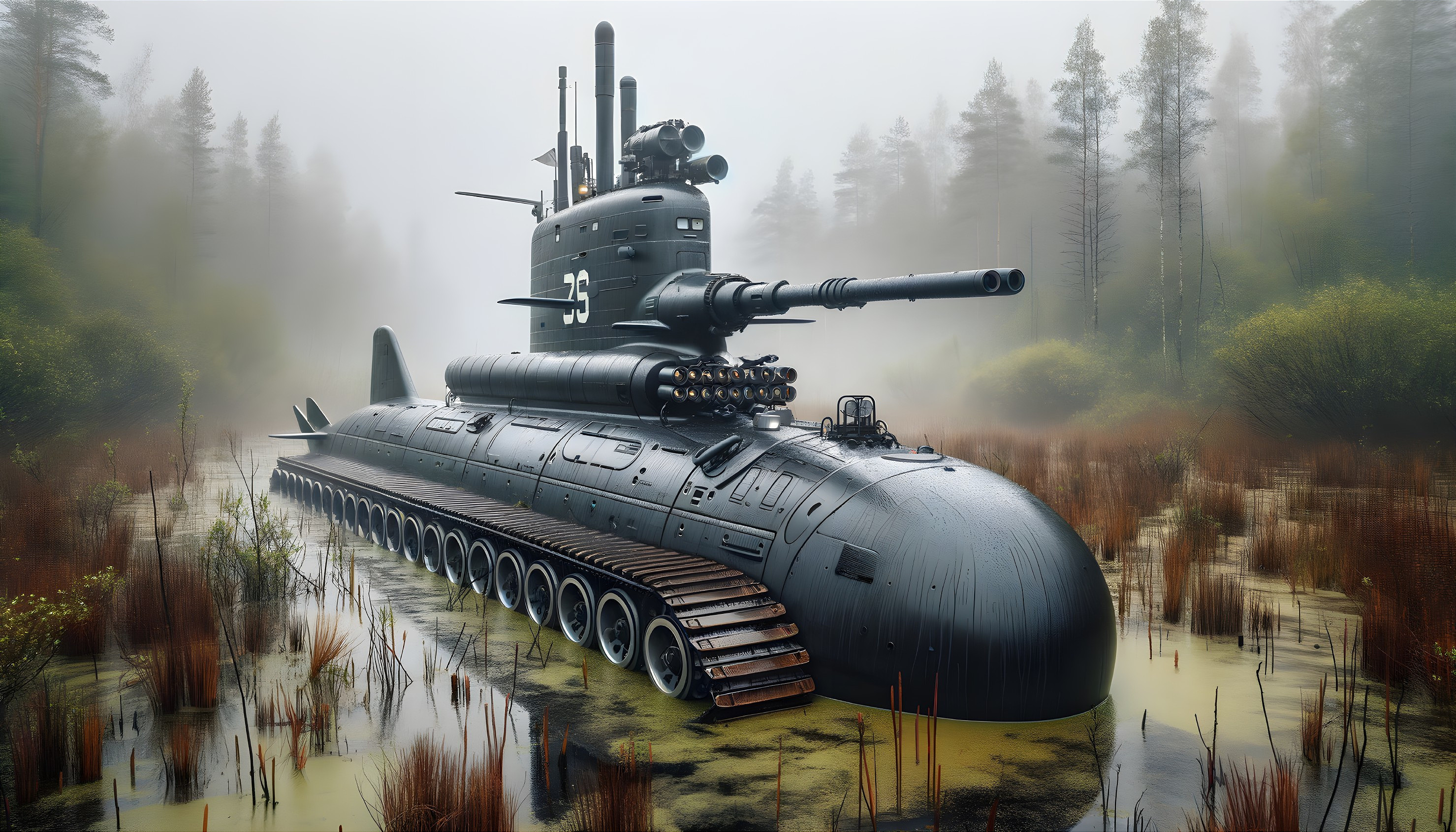 Futuristic Tank-Submarine in Misty Wetland Setting