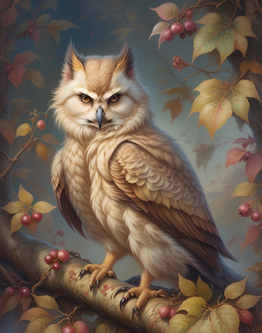 Majestic Owl Among Autumn Leaves and Berries