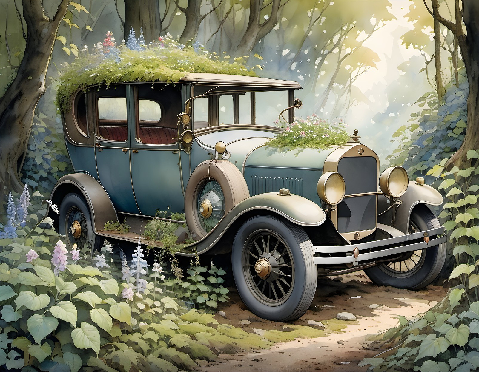 Vintage Car in Serene Forest with Nature Surroundings