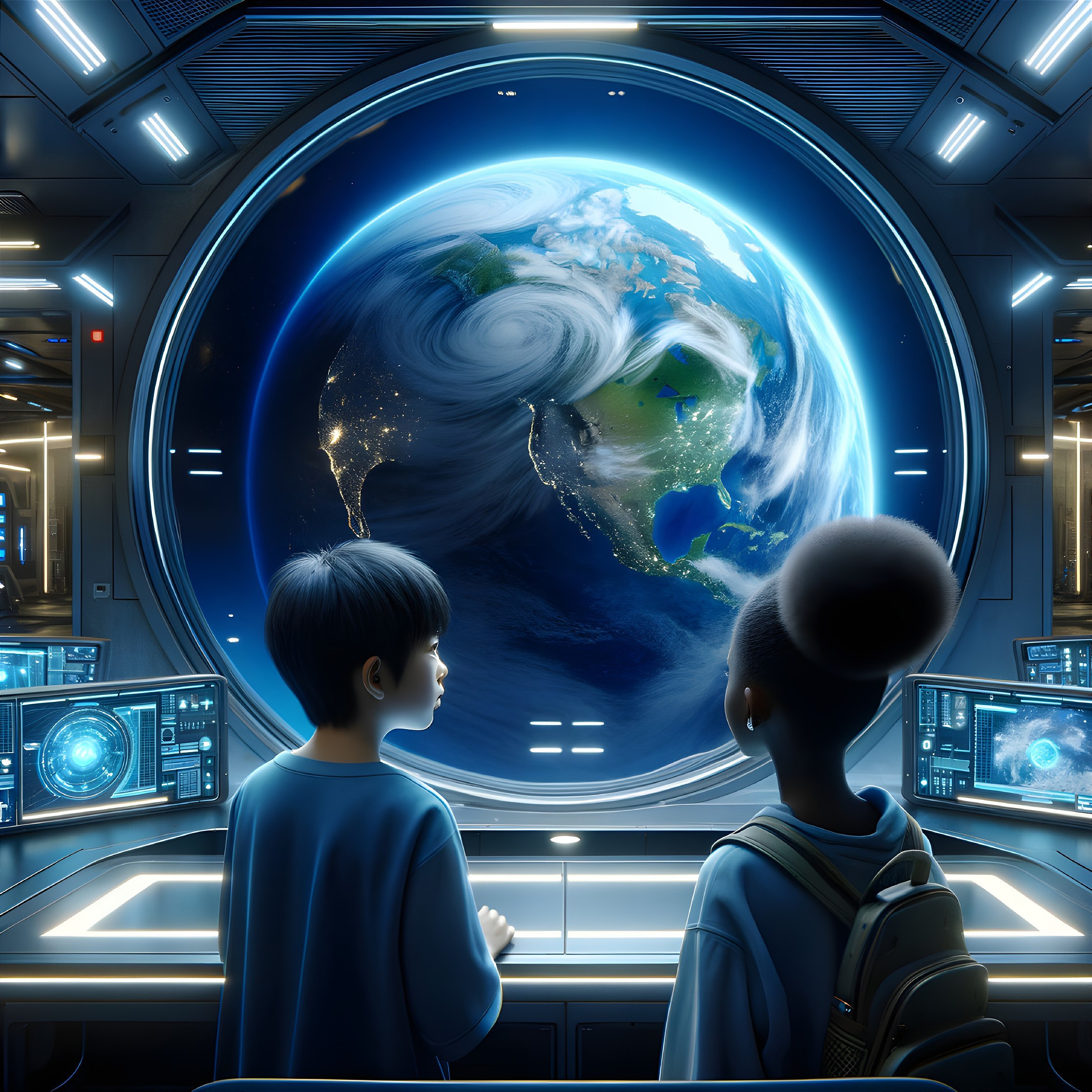 Children Observing Earth from Futuristic Space Station