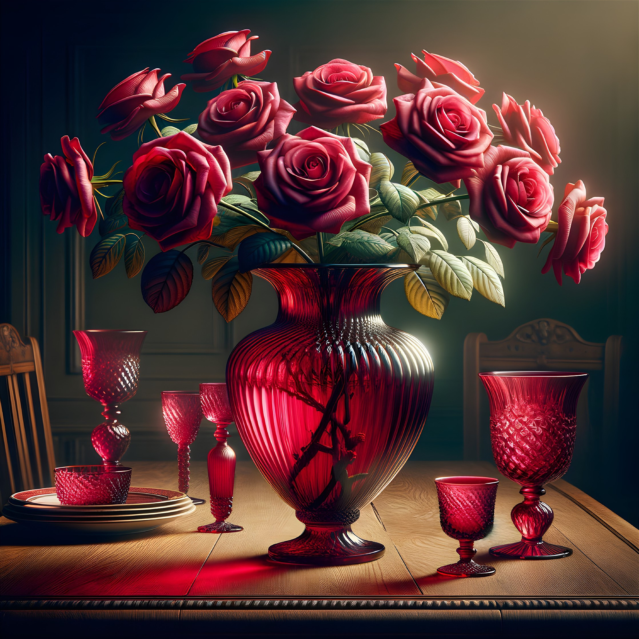 Vibrant Red Roses in Translucent Glass Vase Arrangement