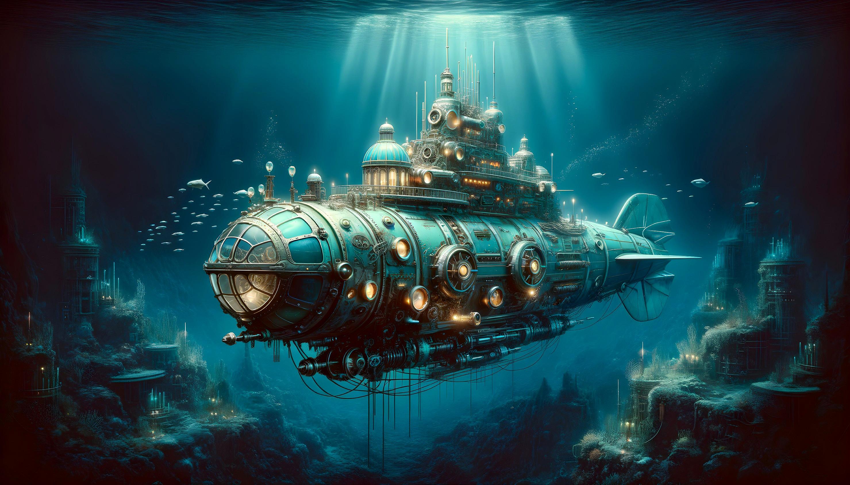 Steampunk Submarine in Vibrant Underwater World
