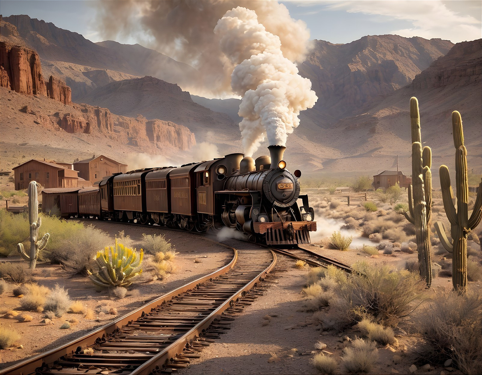 Vintage Steam Locomotive in Desert Landscape at Sunset