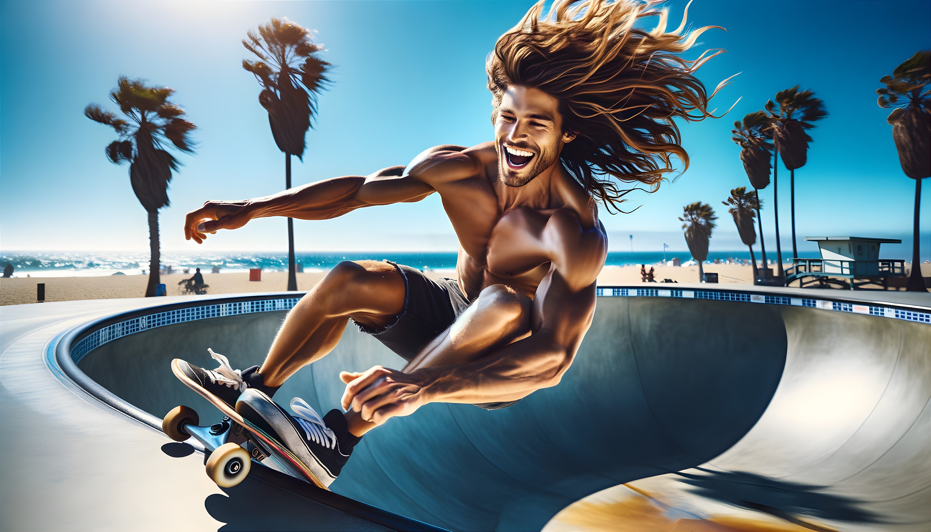 Muscular Skateboarder Tricks in Vibrant Beach Skatepark