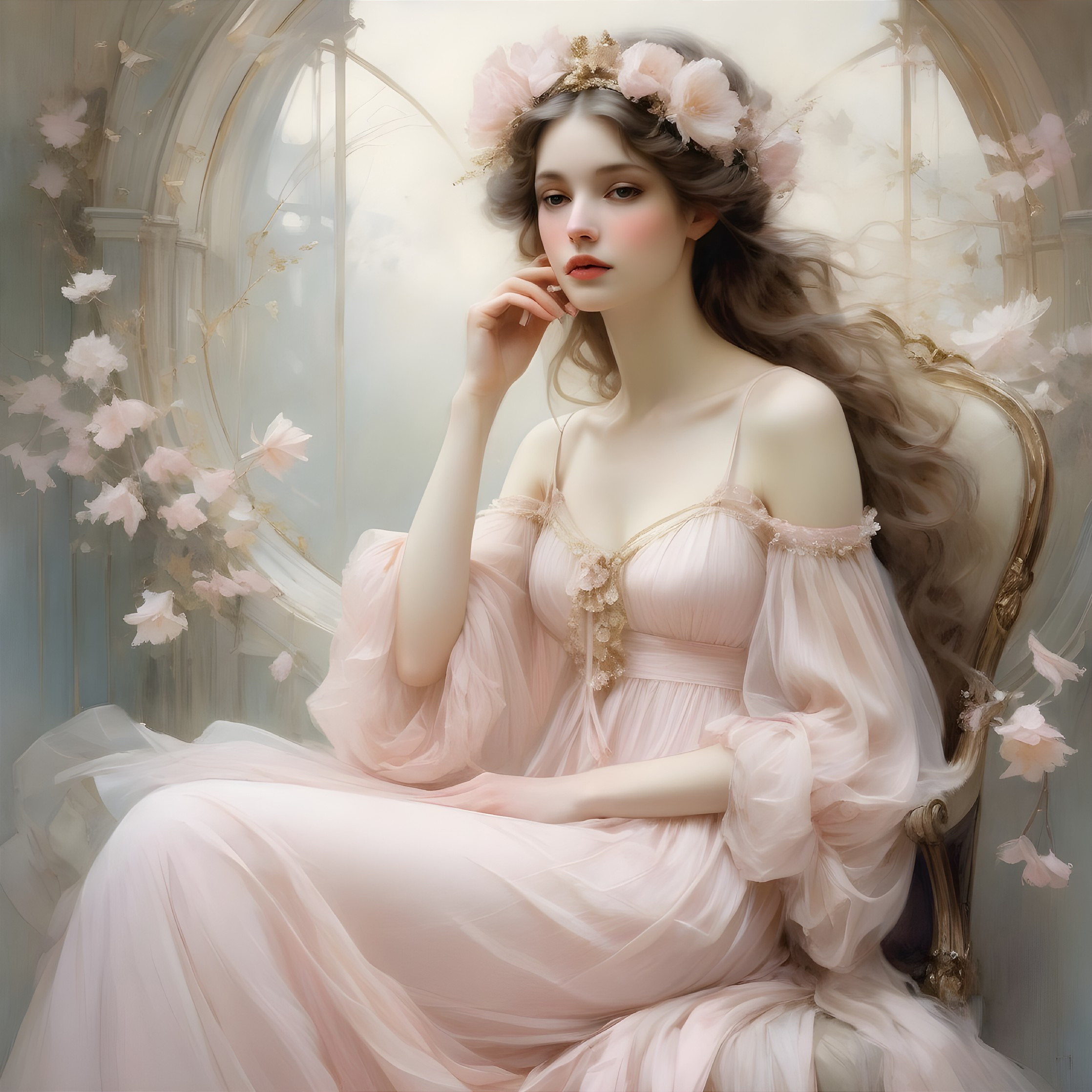 Serene Young Woman in Pale Pink Dress Surrounded by Petals
