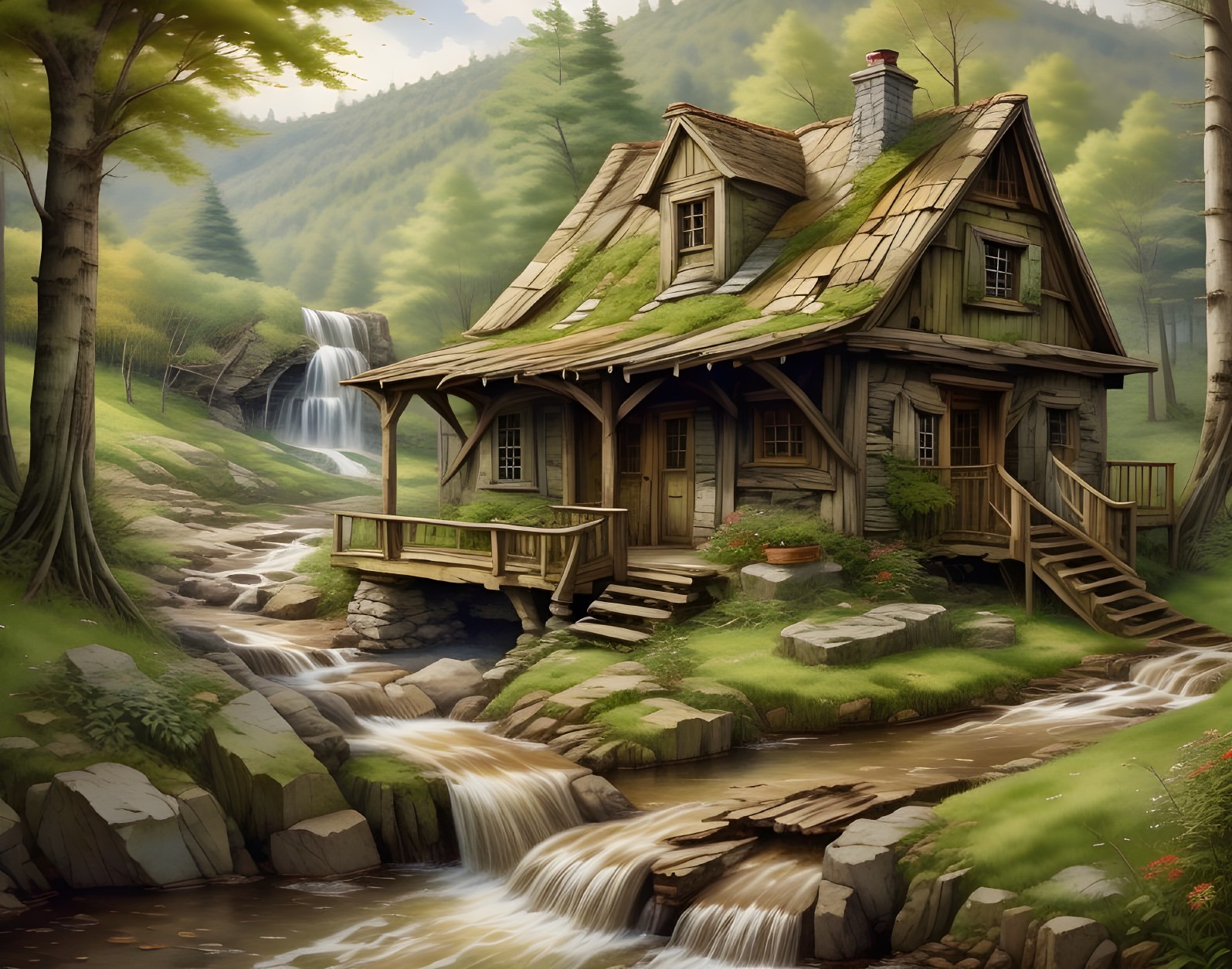Rustic Cottage by a Babbling Brook and Waterfall