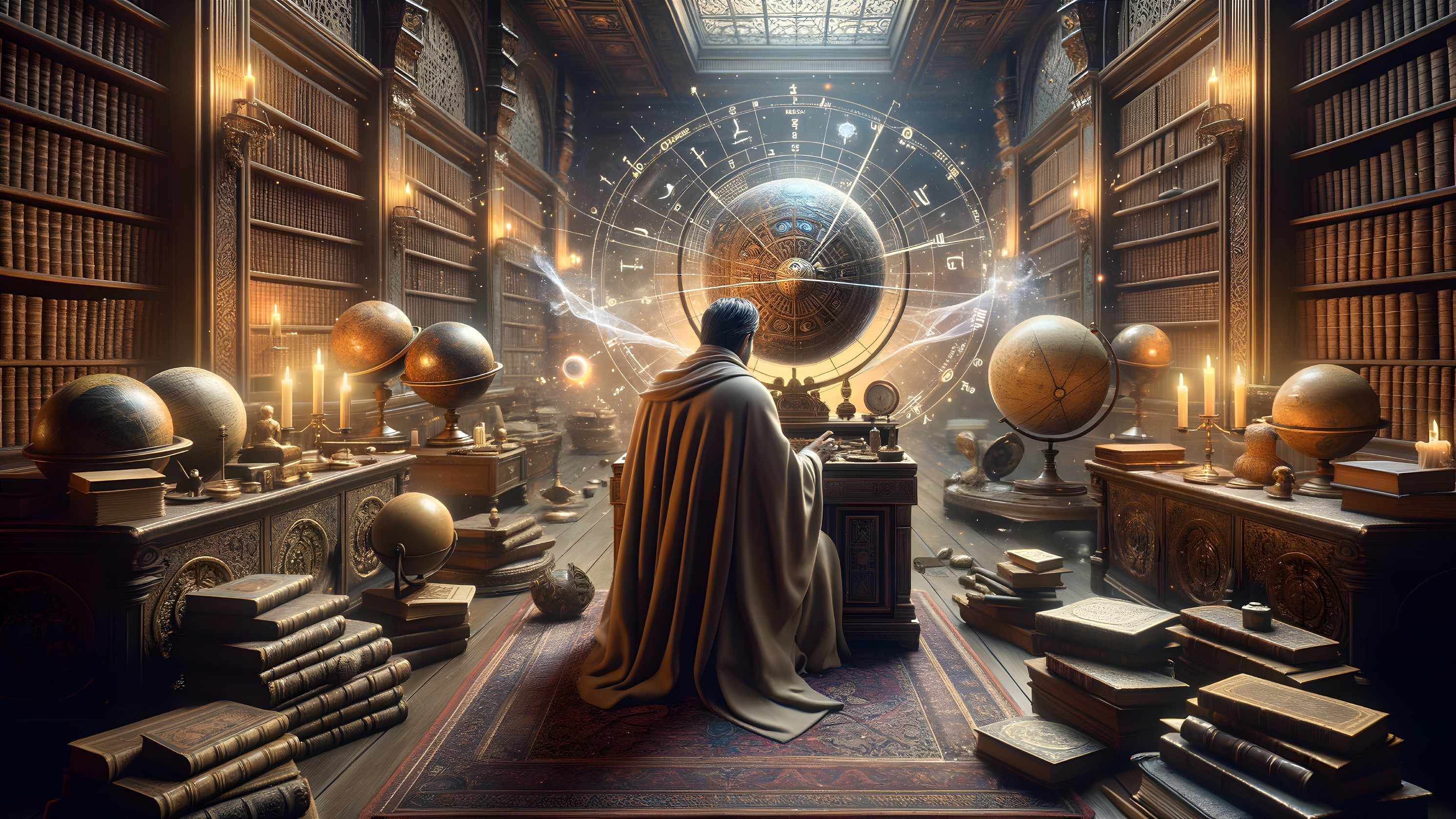 Cloaked Figure in Ancient Library with Celestial Map