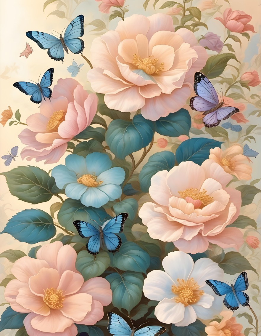 Vibrant Floral Tapestry with Peonies and Butterflies