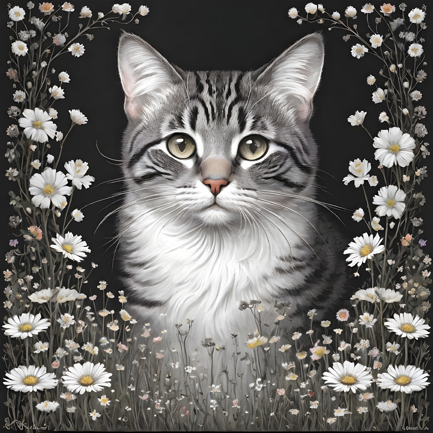 Detailed Portrait of a Gray Tabby Cat with Flowers