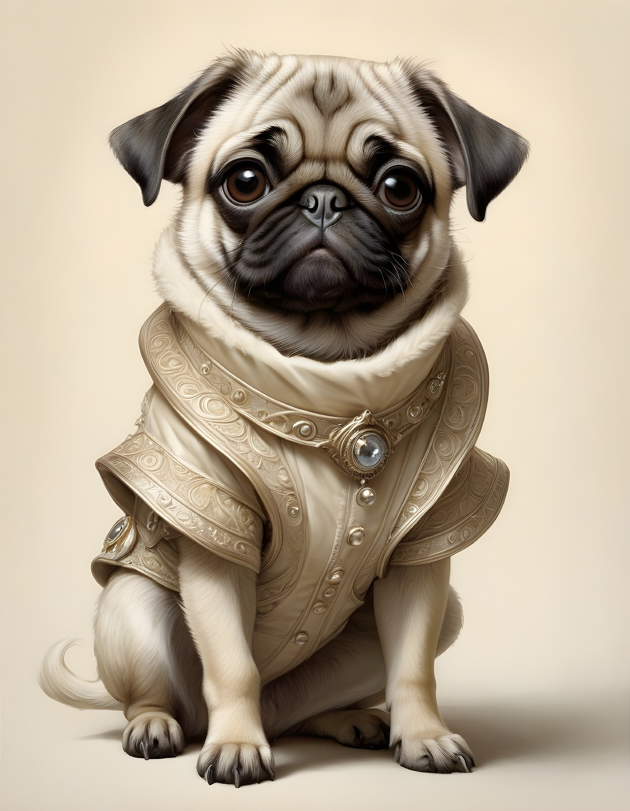 Pug in Elegant Outfit with Pearl Collar and Charm