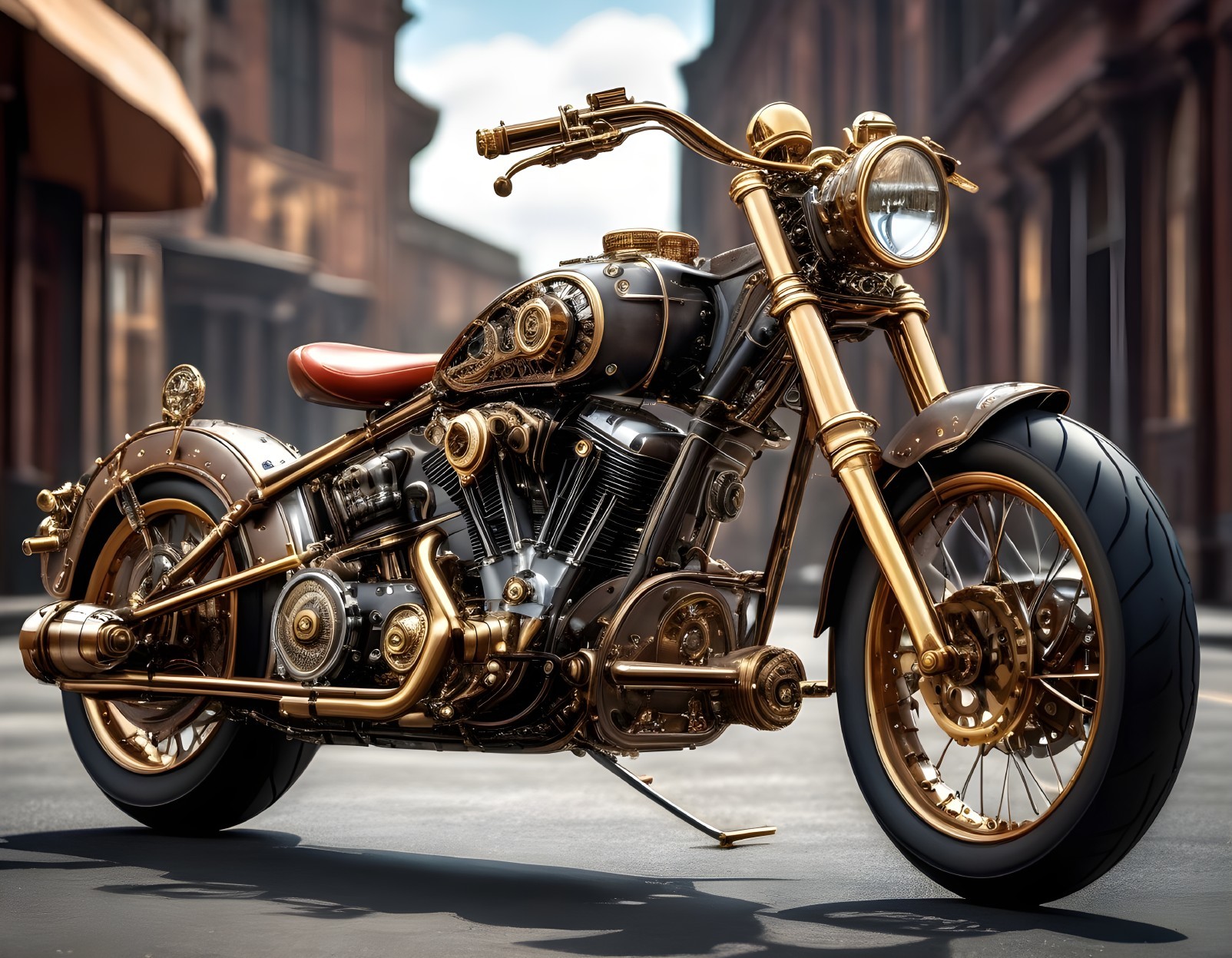 Steampunk Motorcycle with Brass and Leather Design