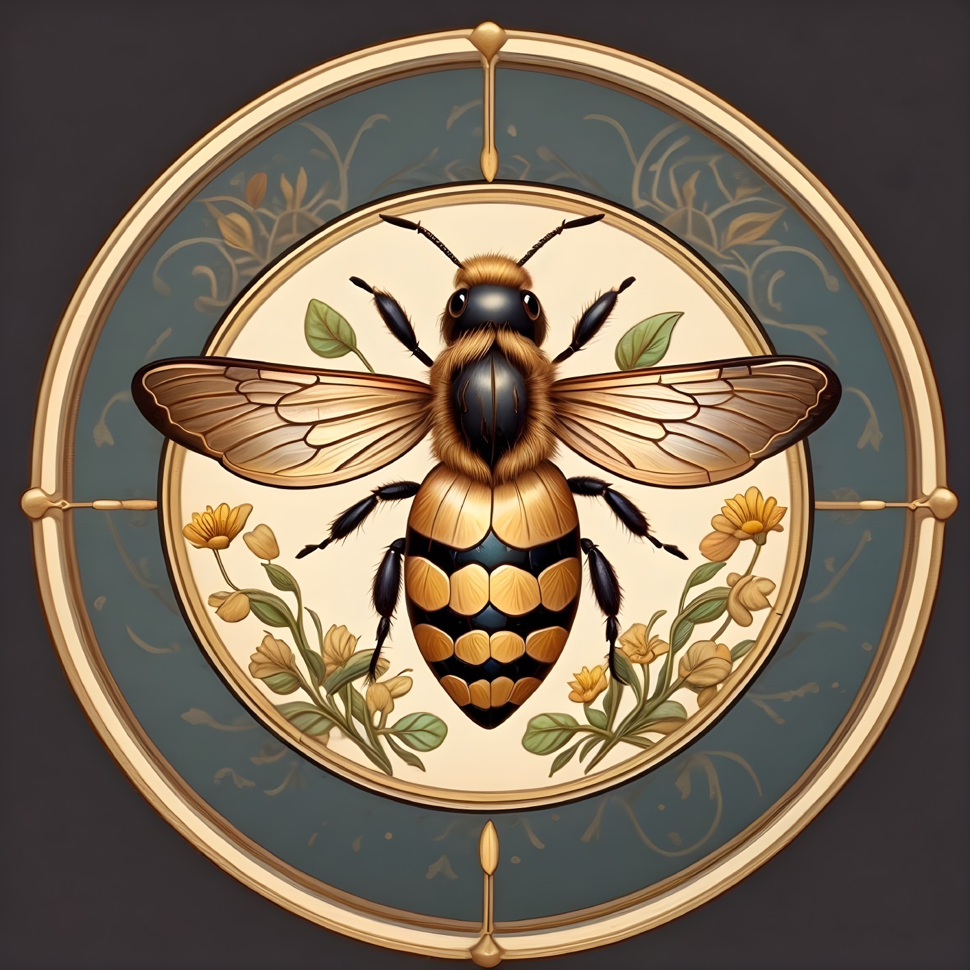 Illustration of a bee in decorative circular frame