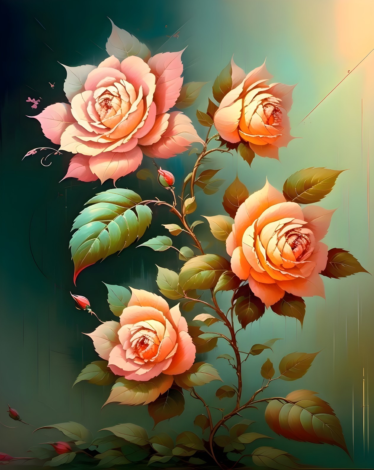 Stylized Illustration of Peach Roses with Green Leaves