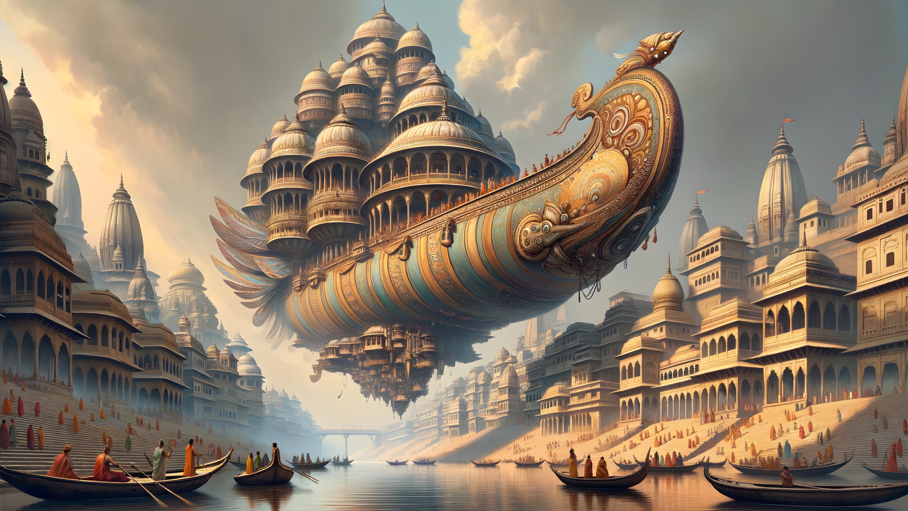 Ornate Flying Ship Over Serene River Landscape