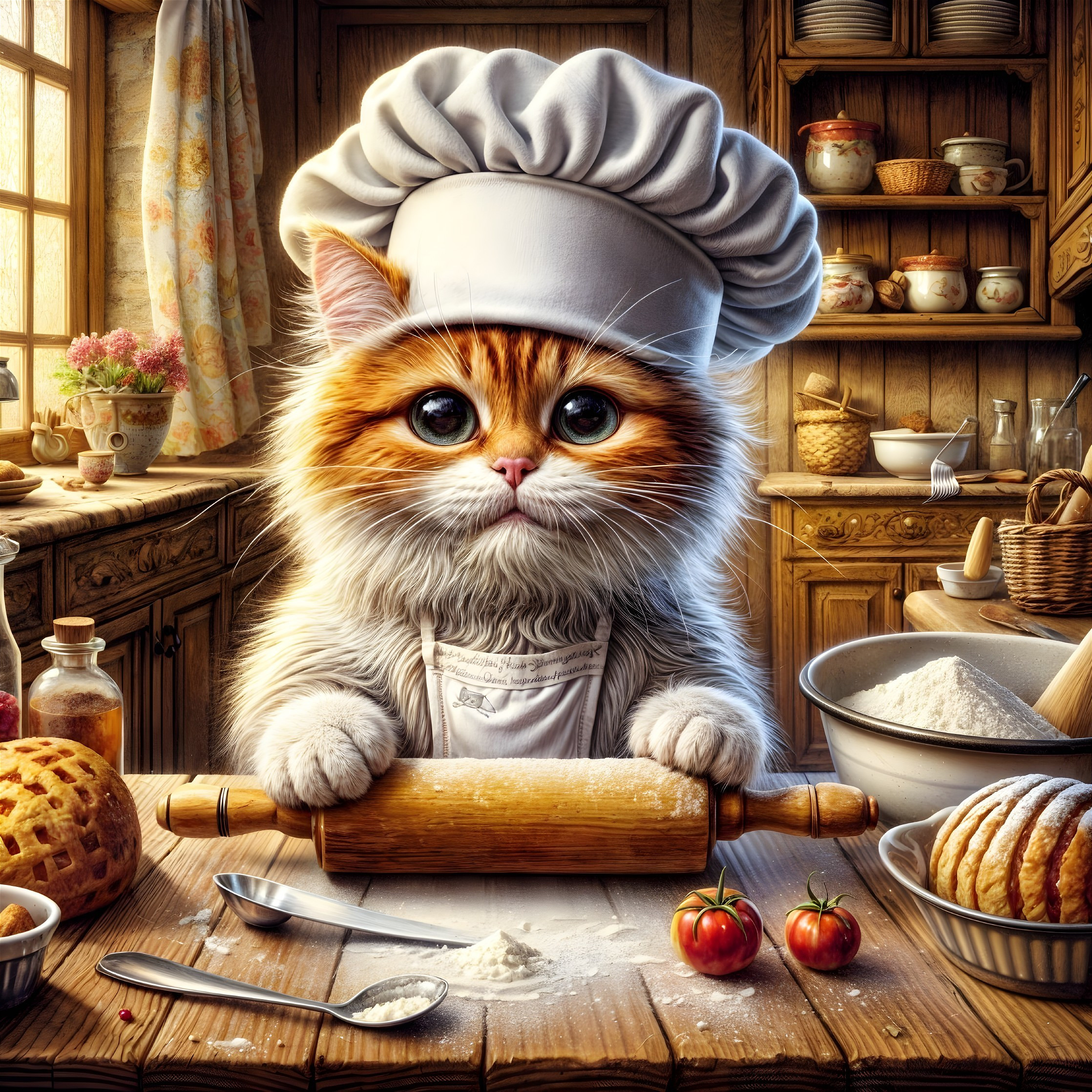 Ginger Cat in Chef Hat Baking in Rustic Kitchen