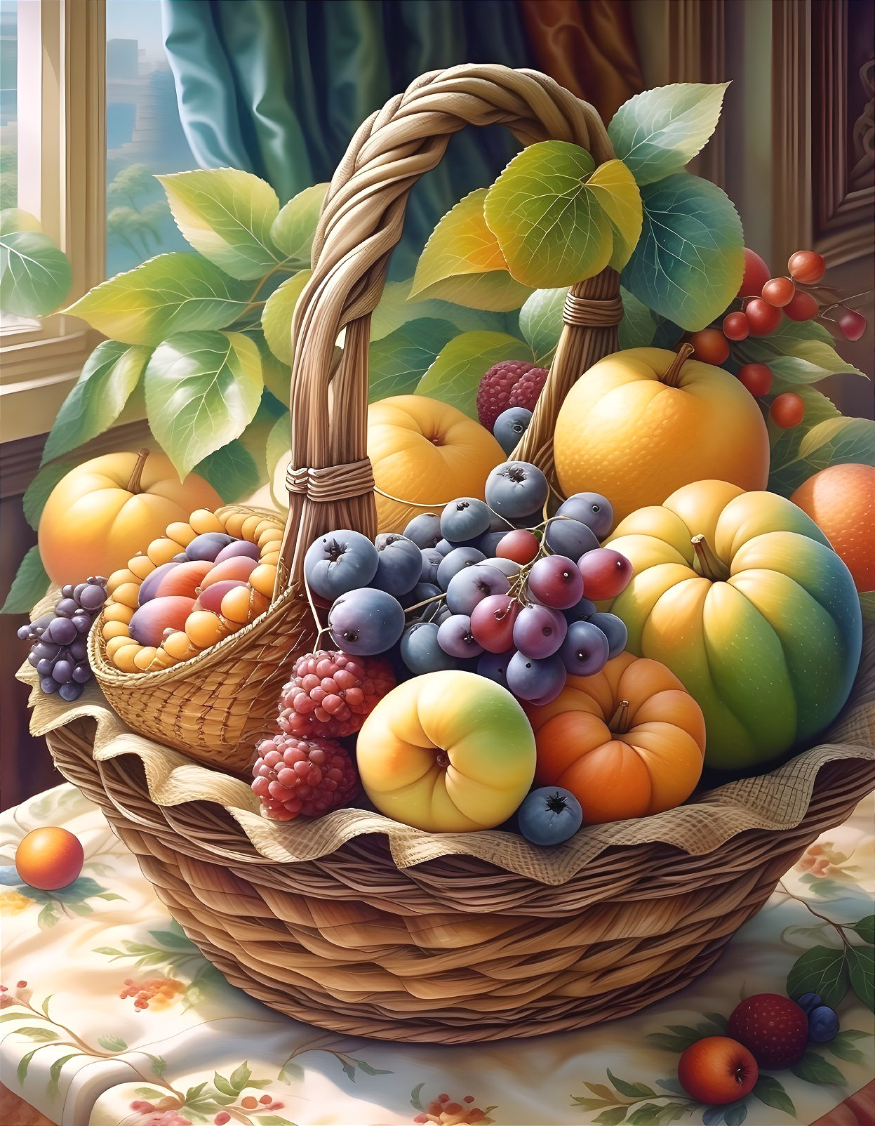 Wicker Basket Filled with Colorful Fruits and Leaves