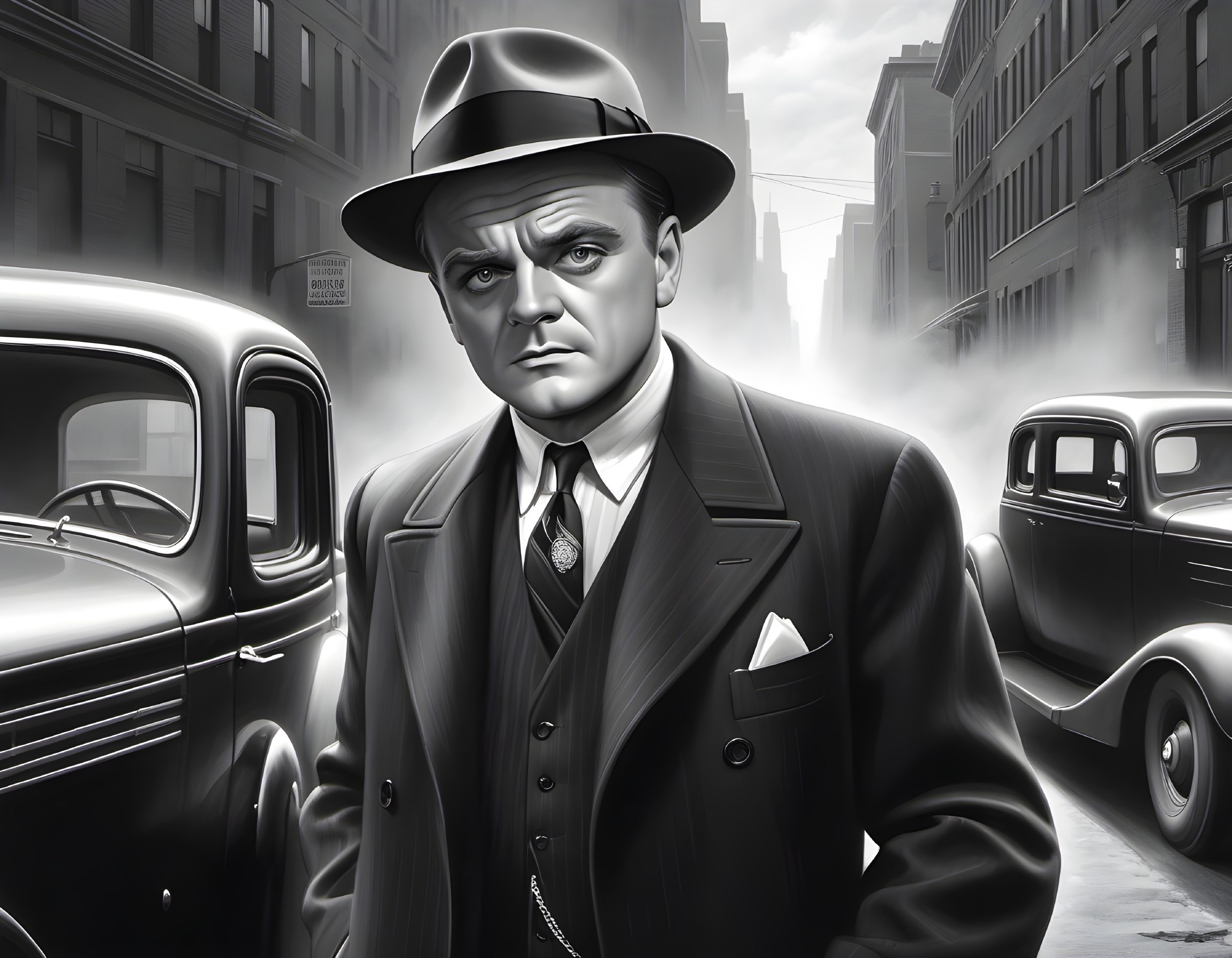 Monochrome Scene of a Vintage Detective in Foggy City