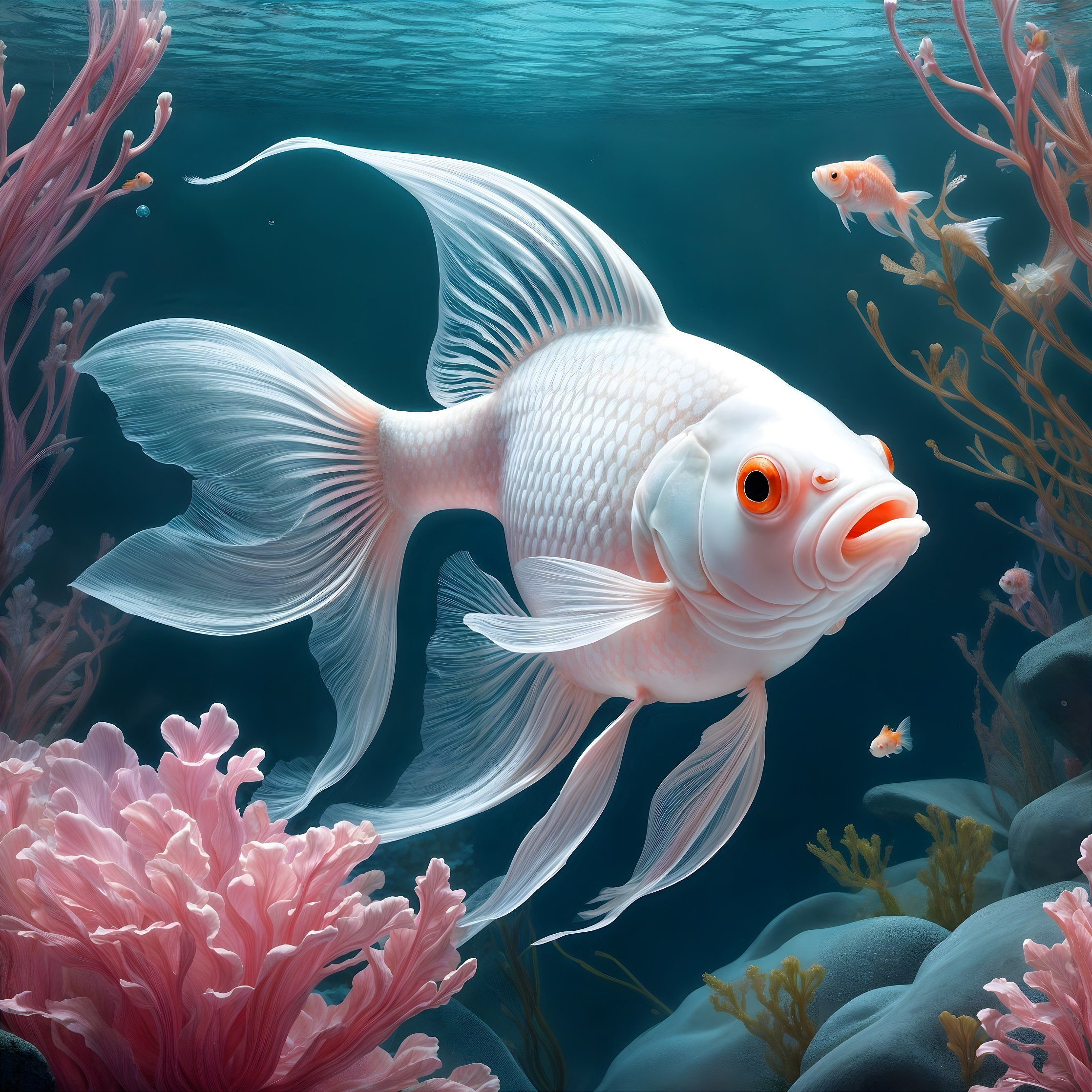 Underwater Scene with Ethereal Goldfish and Coral
