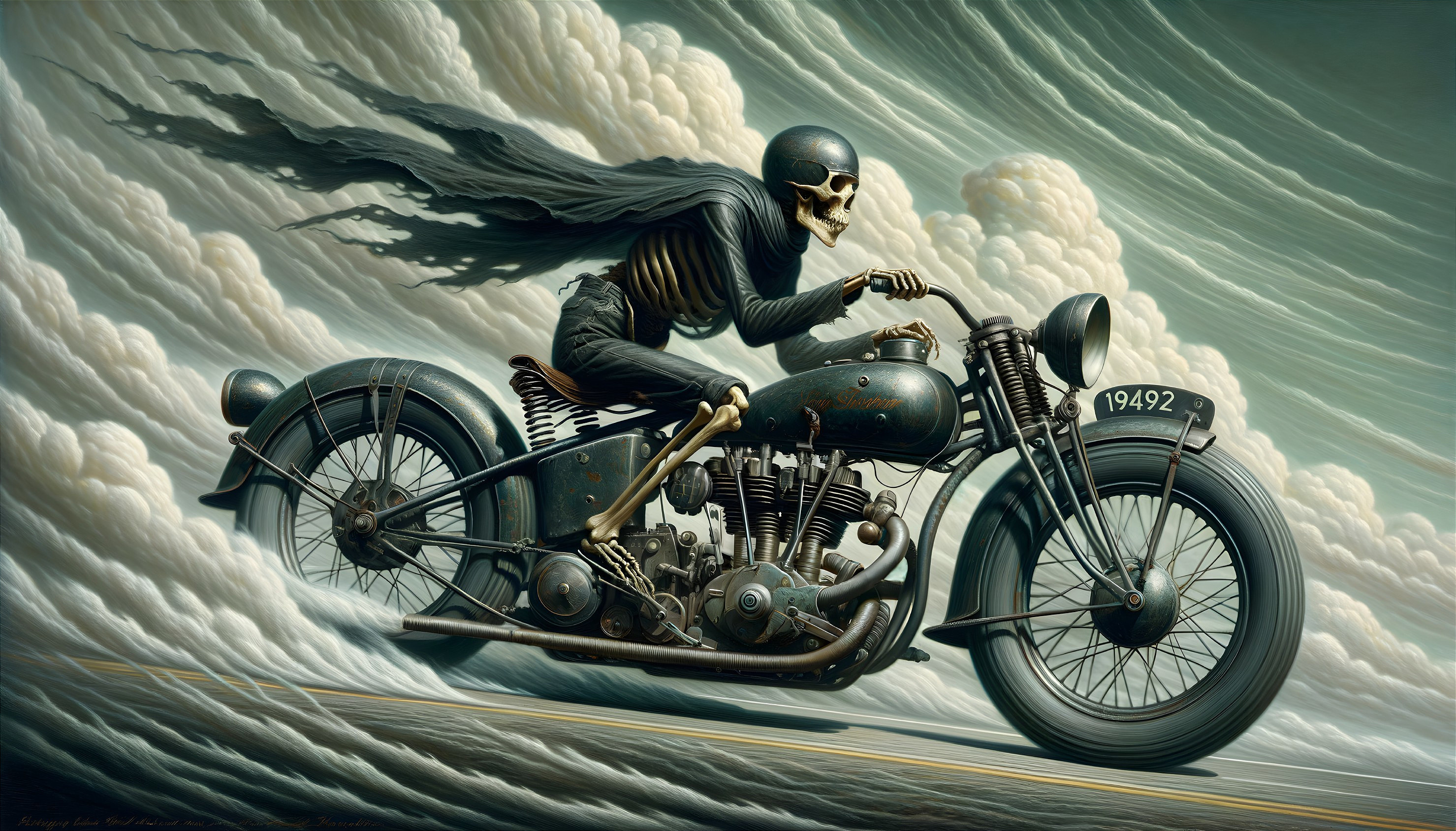 Skeletal Rider on Vintage Motorcycle in Dynamic Clouds