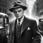 Monochrome Scene of a Vintage Detective in Foggy City