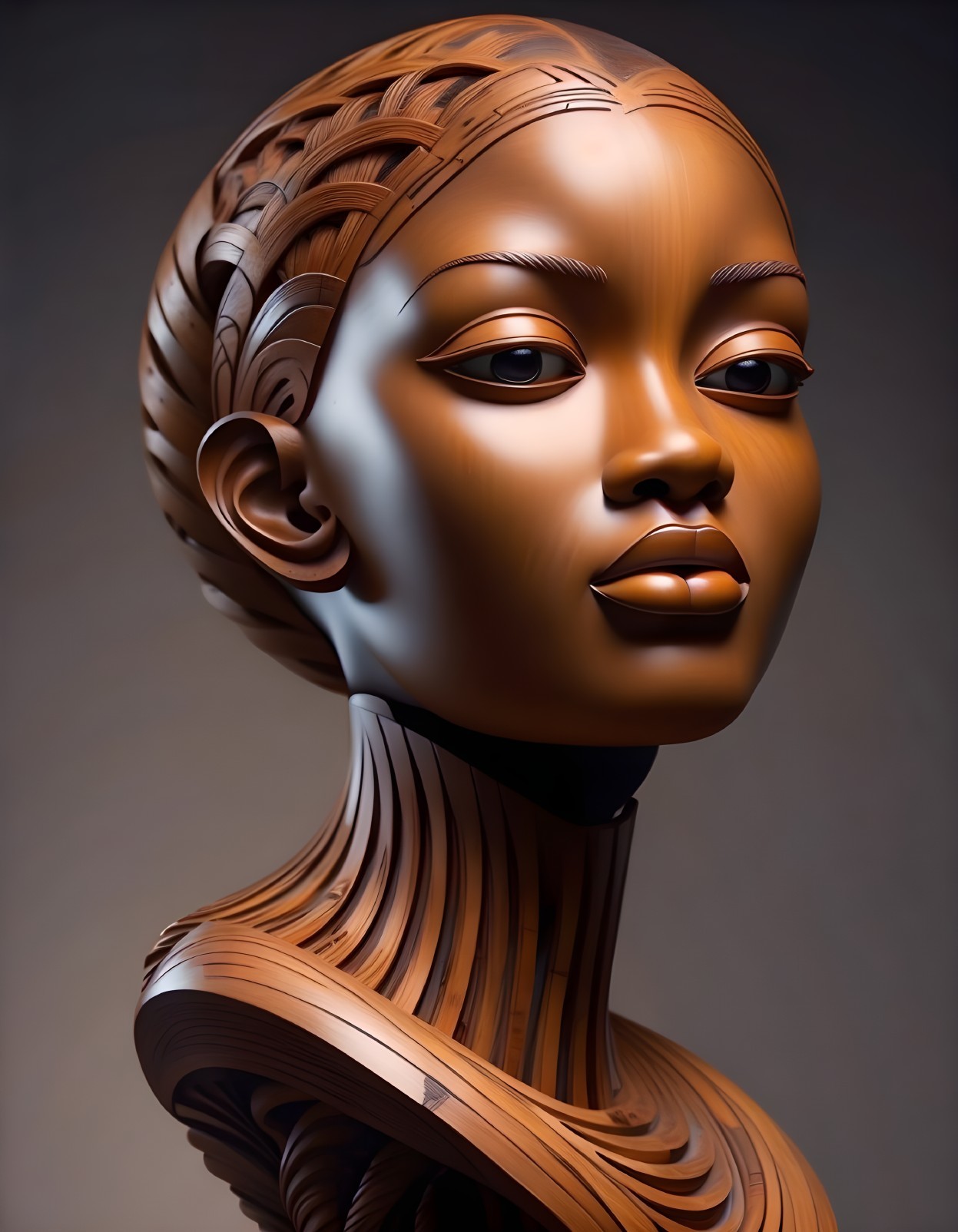 Wooden Sculpture of Female Bust with Braided Hair
