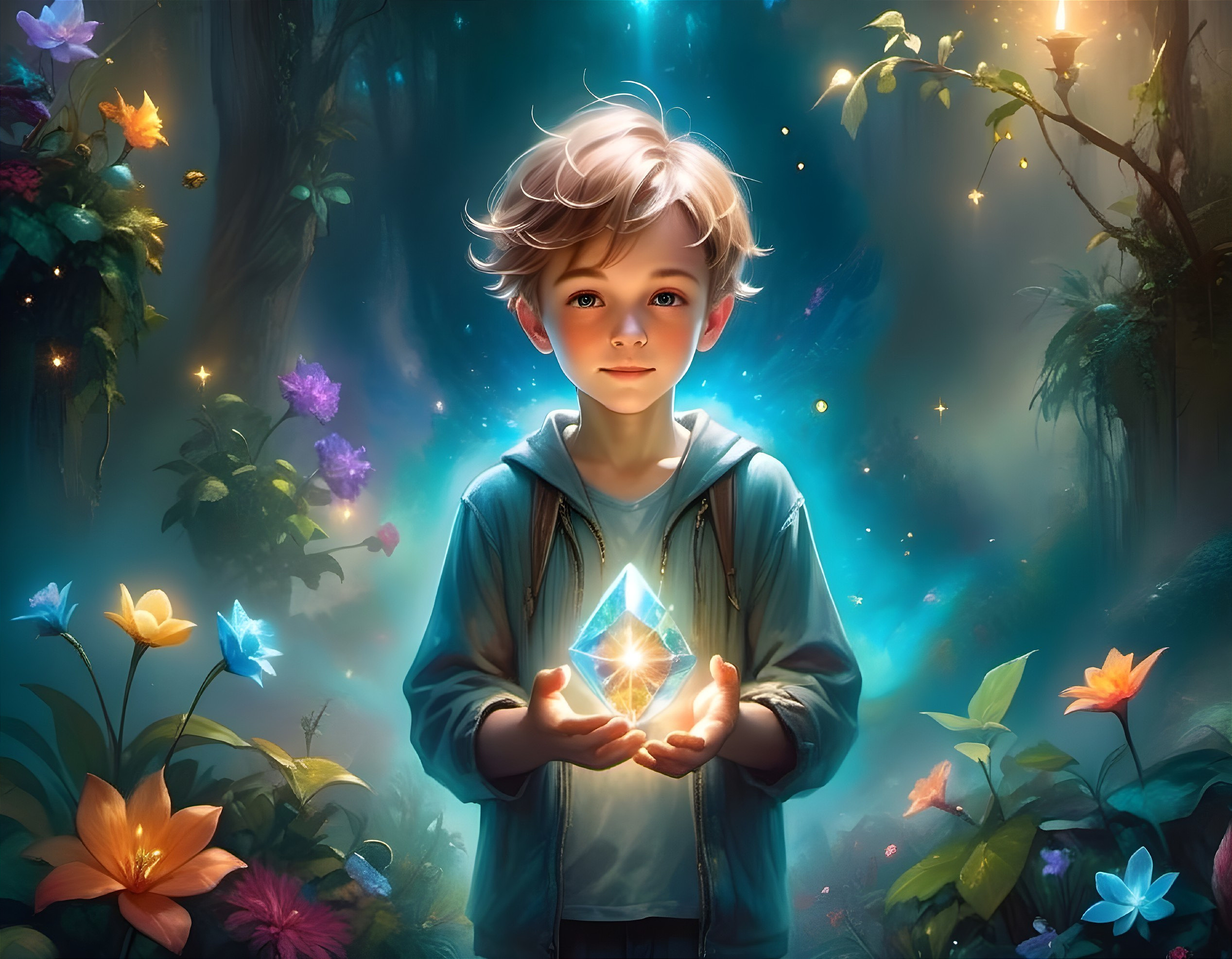 Young Boy in a Magical Forest with Glowing Crystal