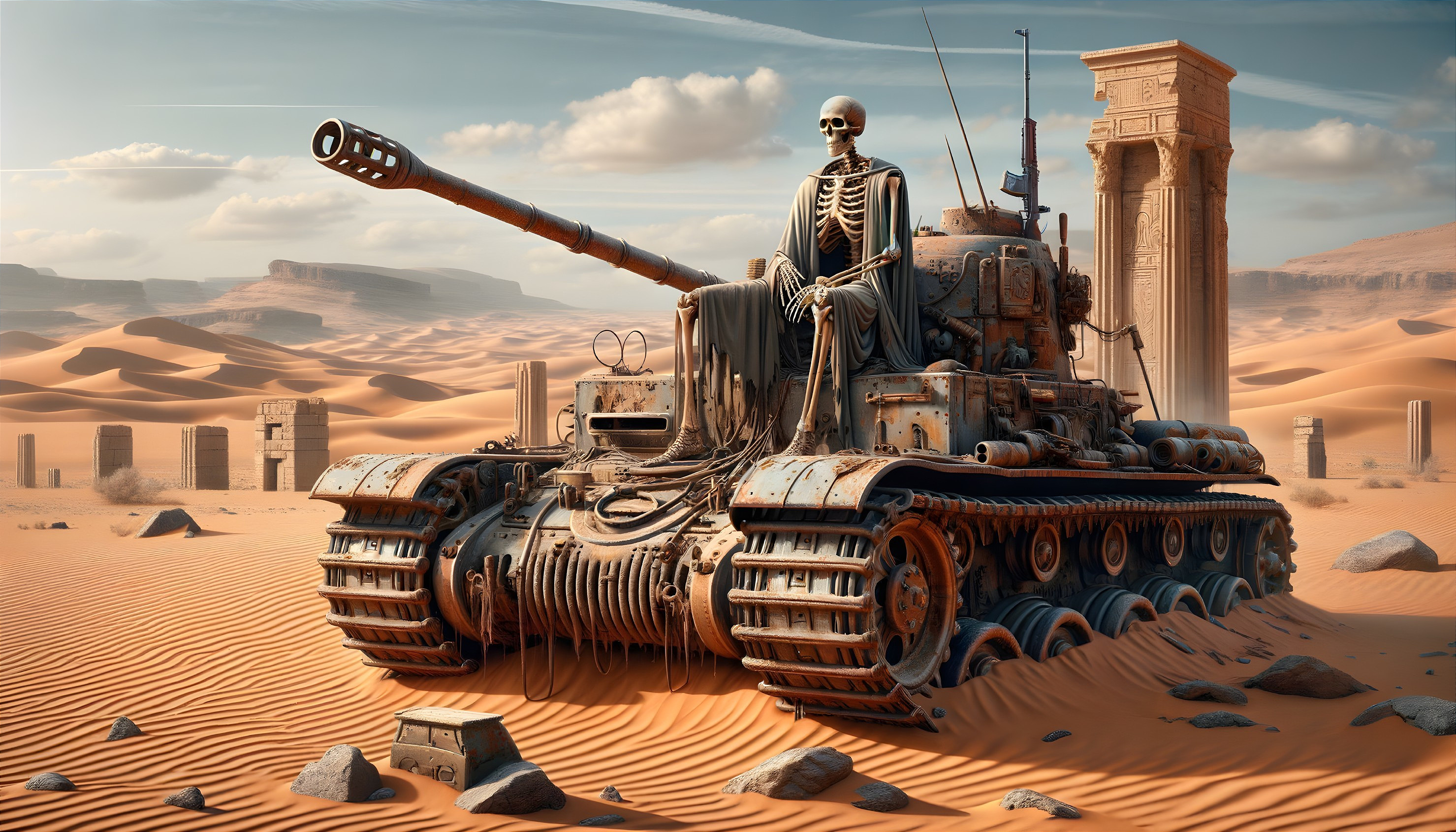 Abandoned Tank with Skeleton in Desert Landscape