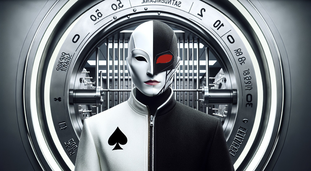 Futuristic figure in dual-colored outfit and safe door