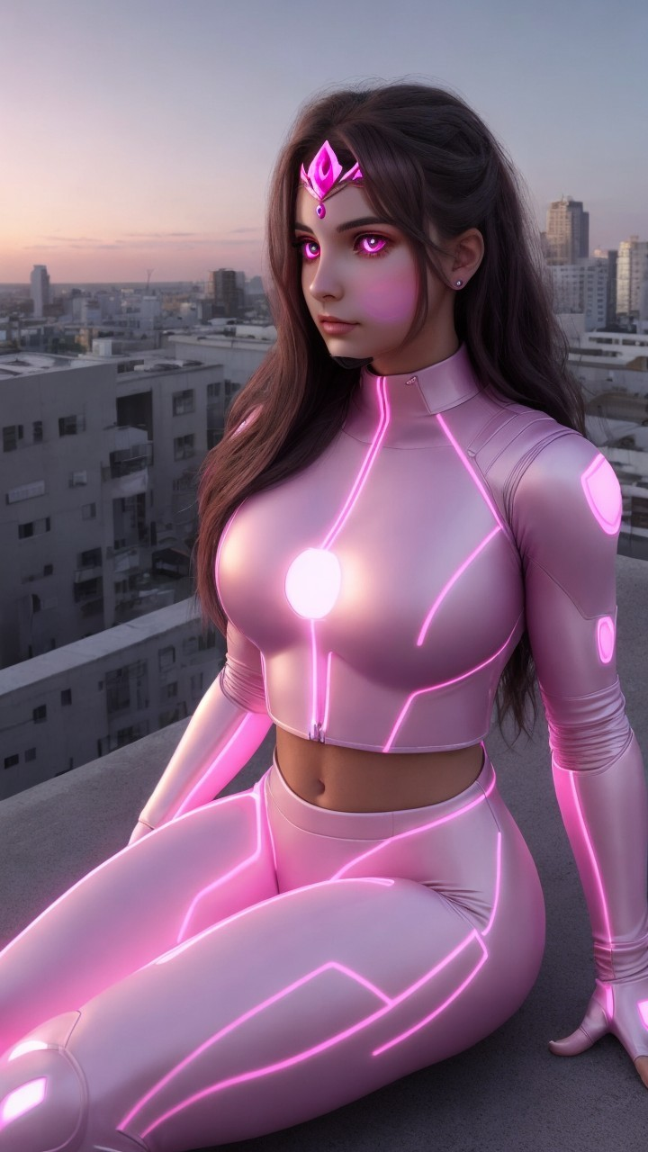 Futuristic Character on Rooftop at Dusk Over Cityscape