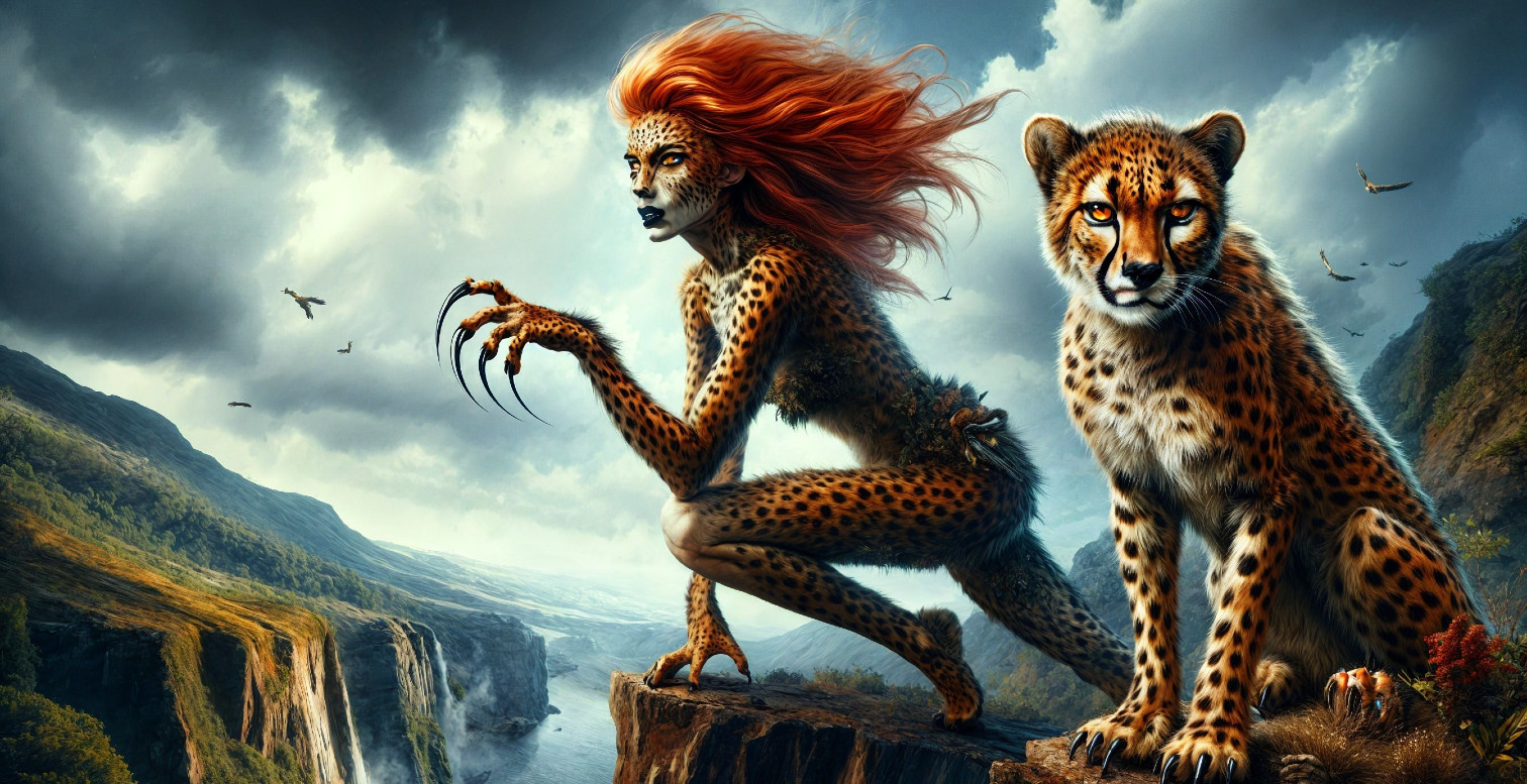 Humanoid Figure with Leopard Traits in Dramatic Landscape