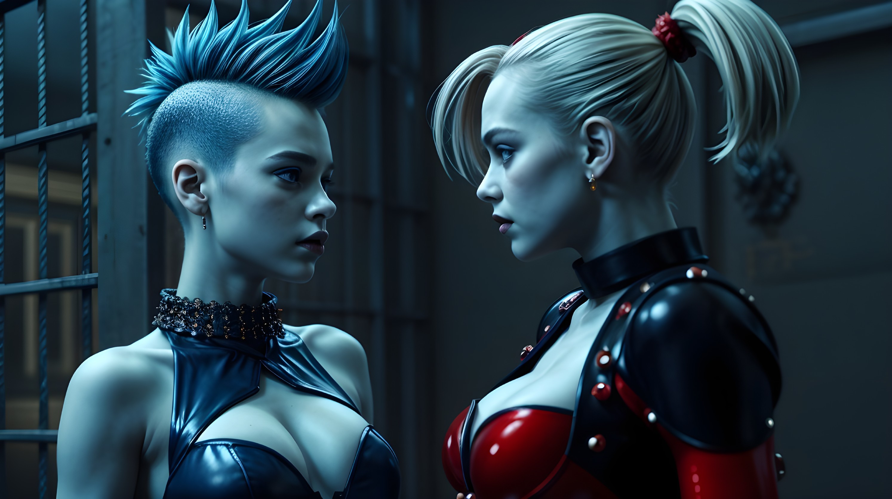 Two characters in an industrial setting with intense expressions