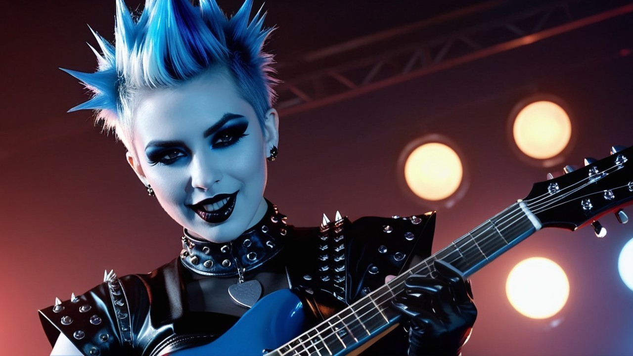 Punk Rock Musician with Blue Hair and Electric Guitar