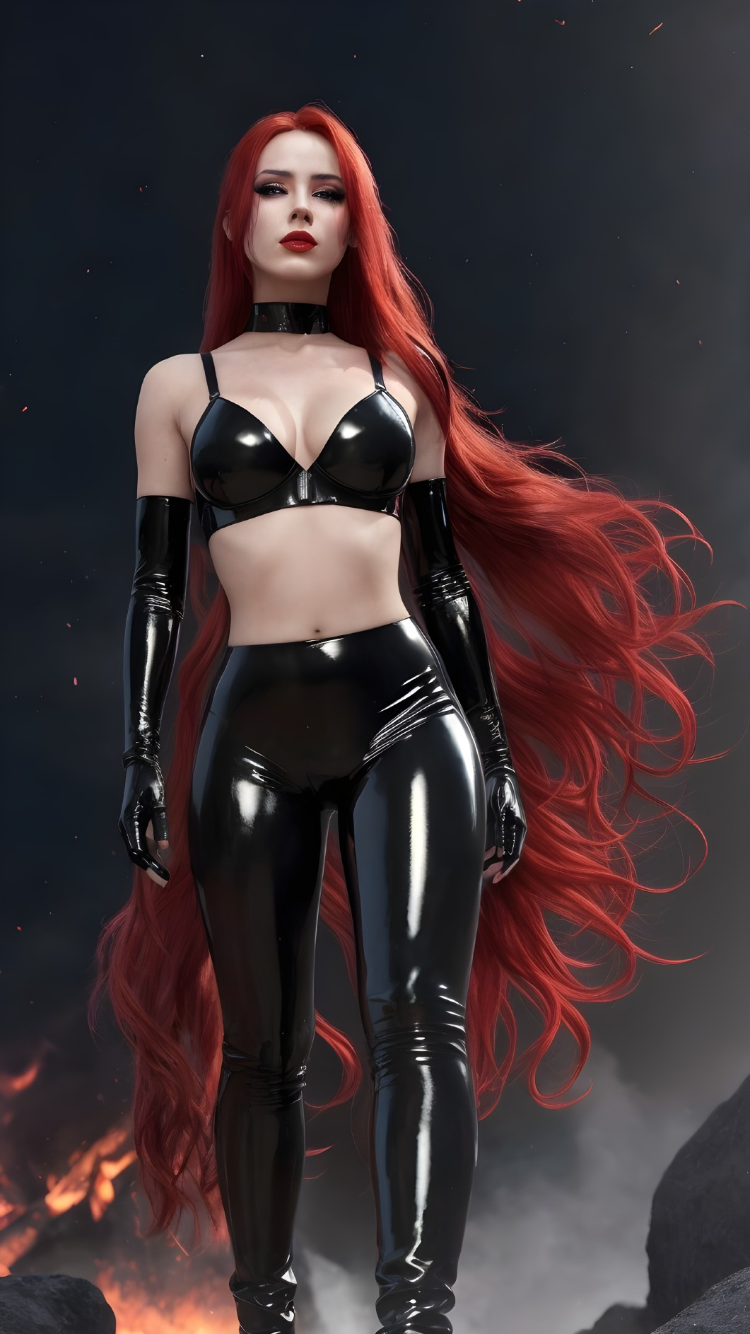 Confident Figure in Black Latex with Red Hair and Smoke