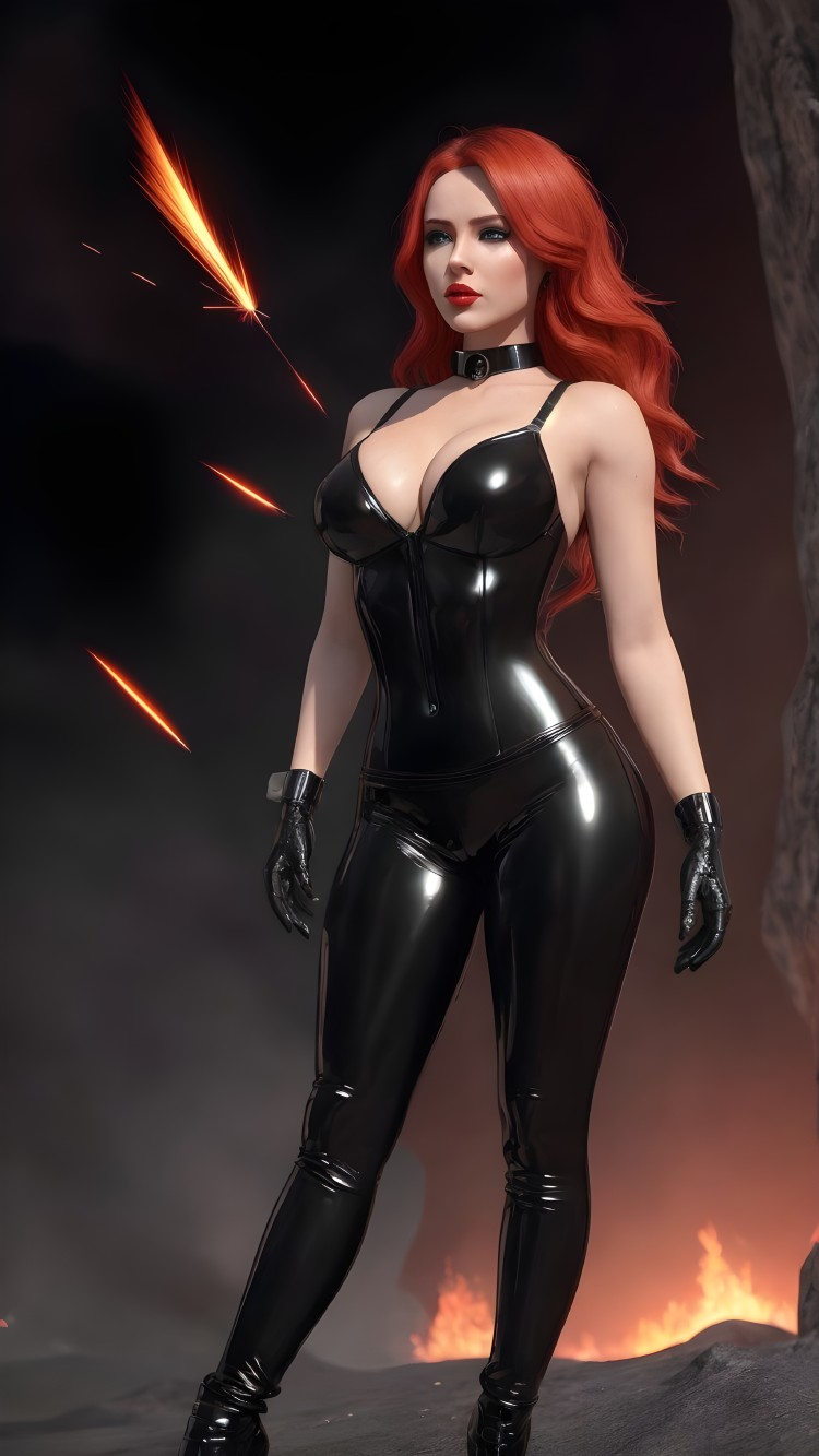 Character in Black Latex Outfit with Red Hair and Flames