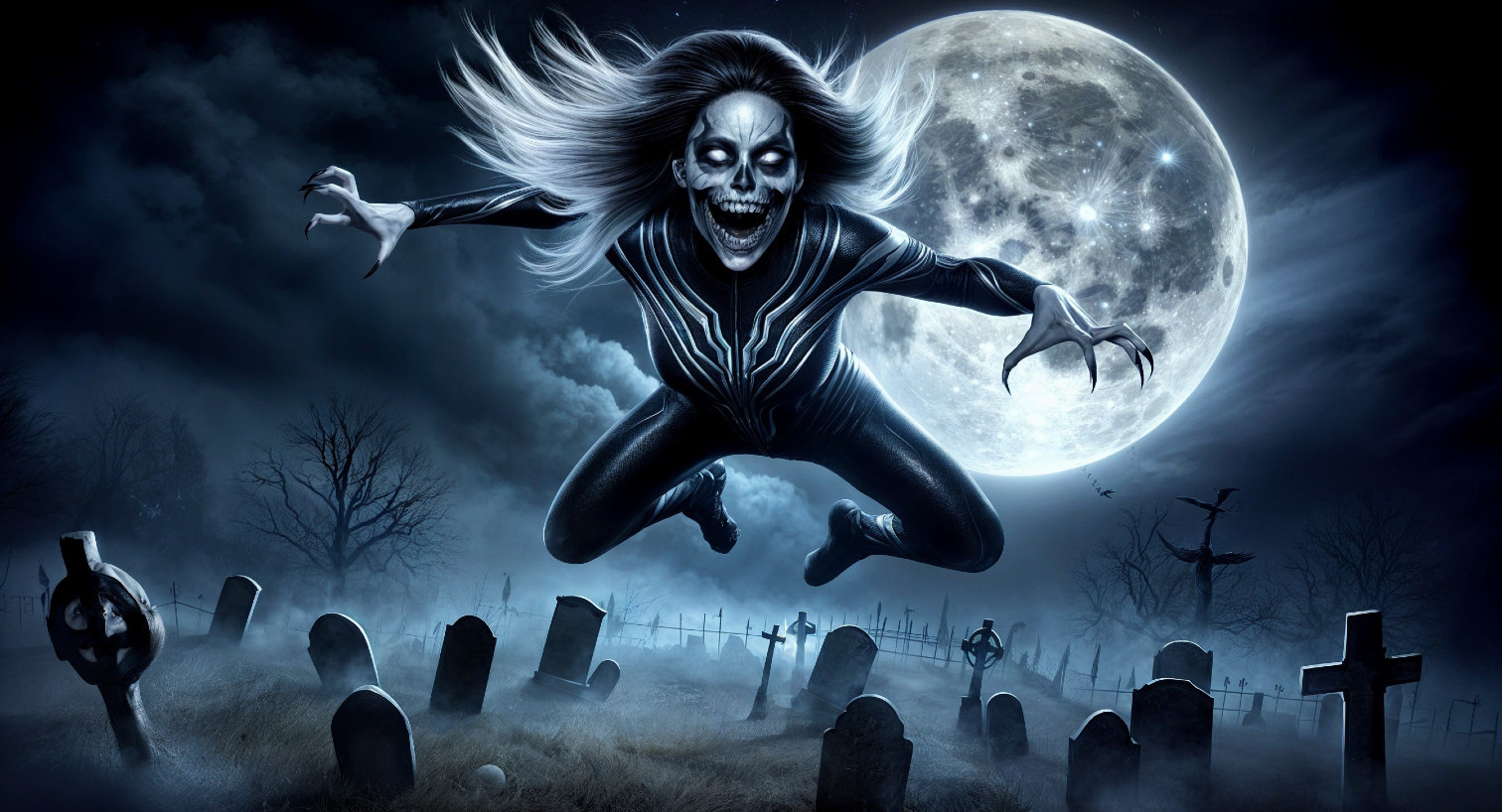 Skeletal Figure in Dark Graveyard Under Full Moon