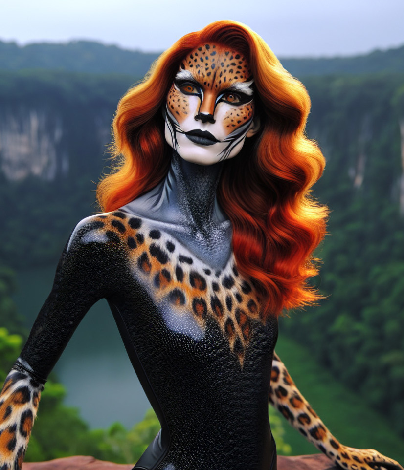 Model with Leopard Body Paint in Green Landscape