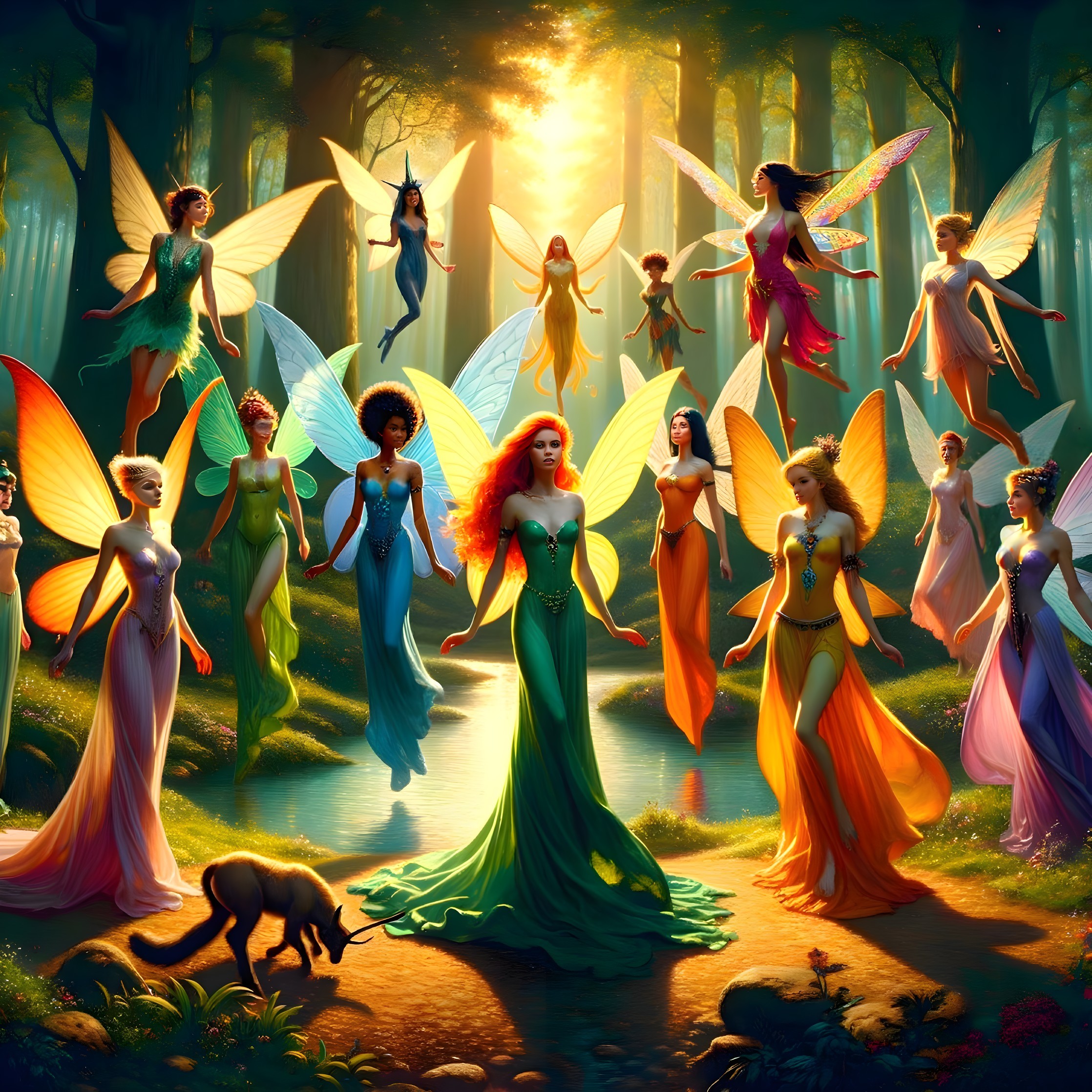 Fairies Gathering in a Golden Light Forest Scene