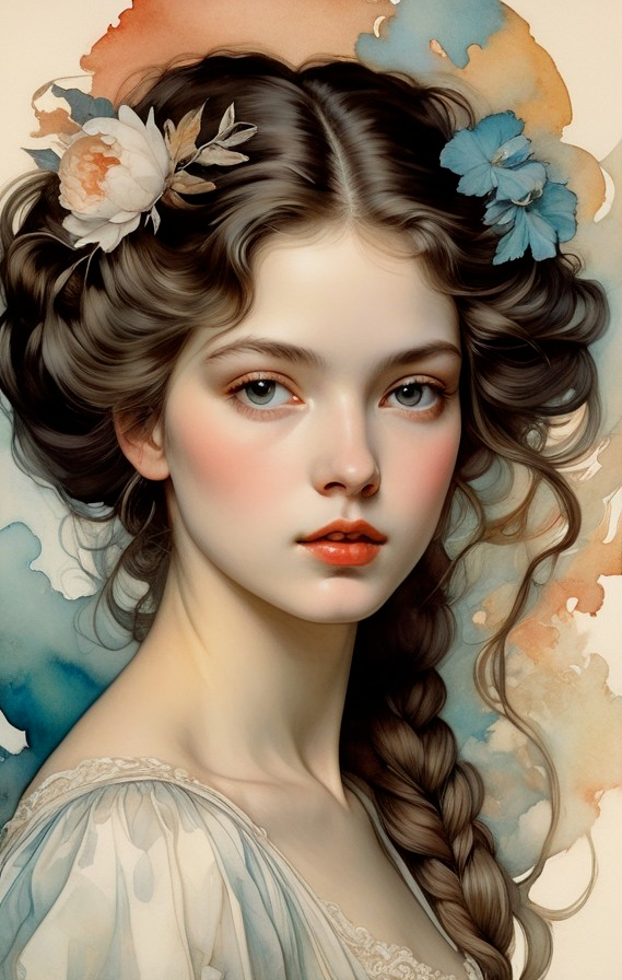 Portrait of a young woman with floral hair and pastel background
