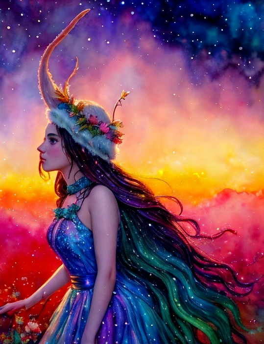 Fantastical Female Figure in Cosmic Colorful Setting
